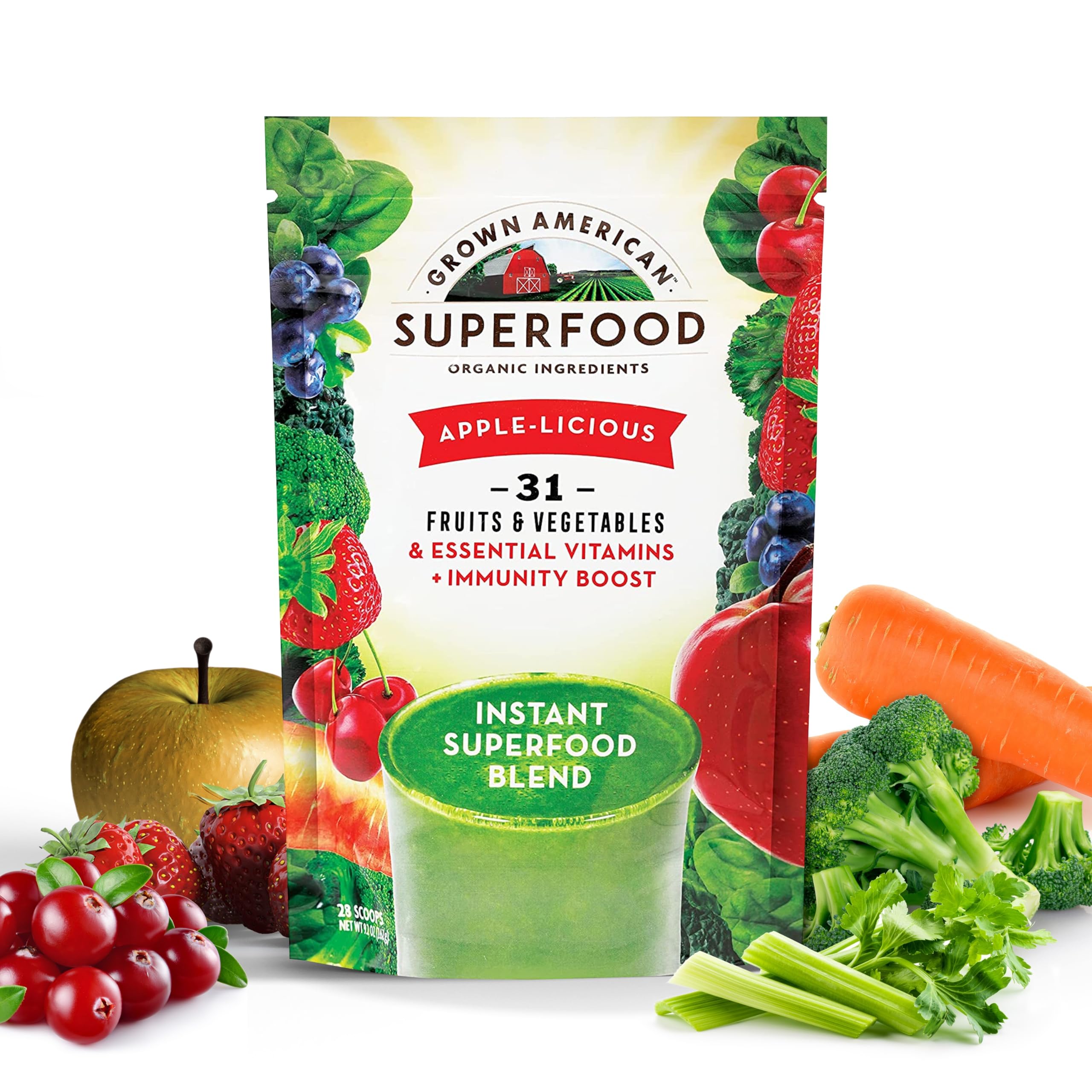 Grown American Superfood Ultra Vita-Immune Blend - 31 Organic Whole Fruits and Vegetables Concentrated Green Powder Increase Energy and Performance - 100% Vegan Non-GMO (28 Servings, 1 Bag)