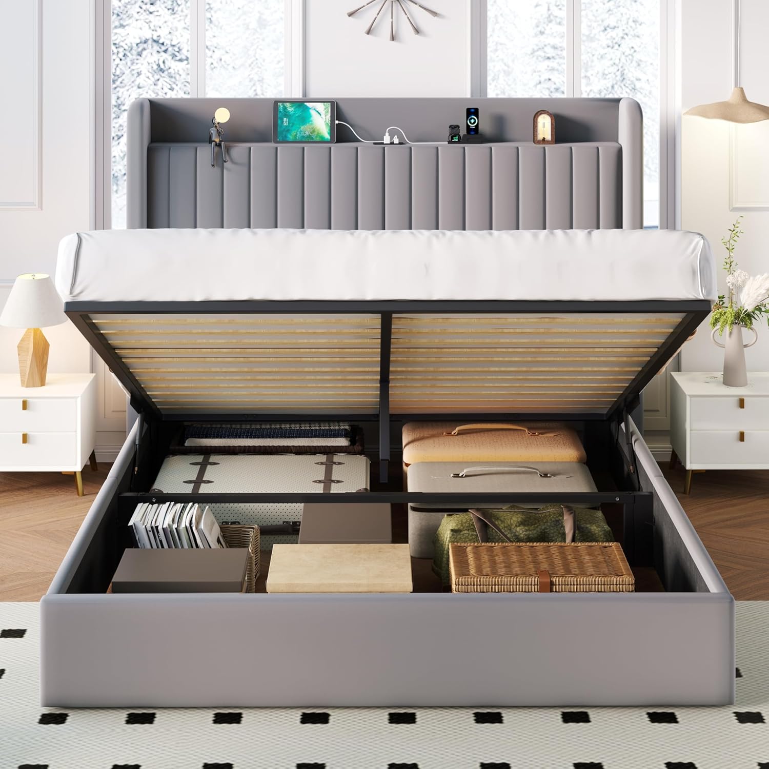 SHA CERLIN Queen Size Lift Up Storage Bed Frame with Charging Station/USB,Type-C Port/Storage Headboard/Velvet Upholstered/Hydraulic Support/No Box Spring Needed/Noise Free/Gray