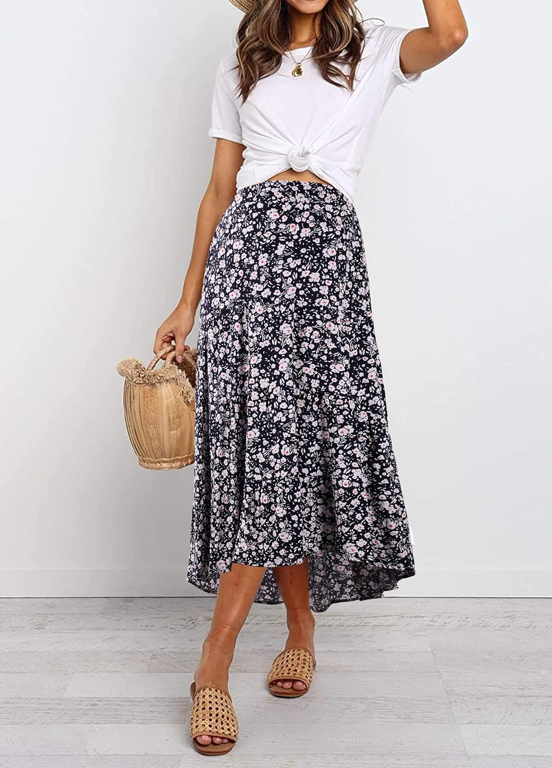 PRETTYGARDEN Women's Ditzy Floral Print Midi Skirt Boho Elastic High Waist Long Skirts for Women Trendy High Low Hem - Image 2