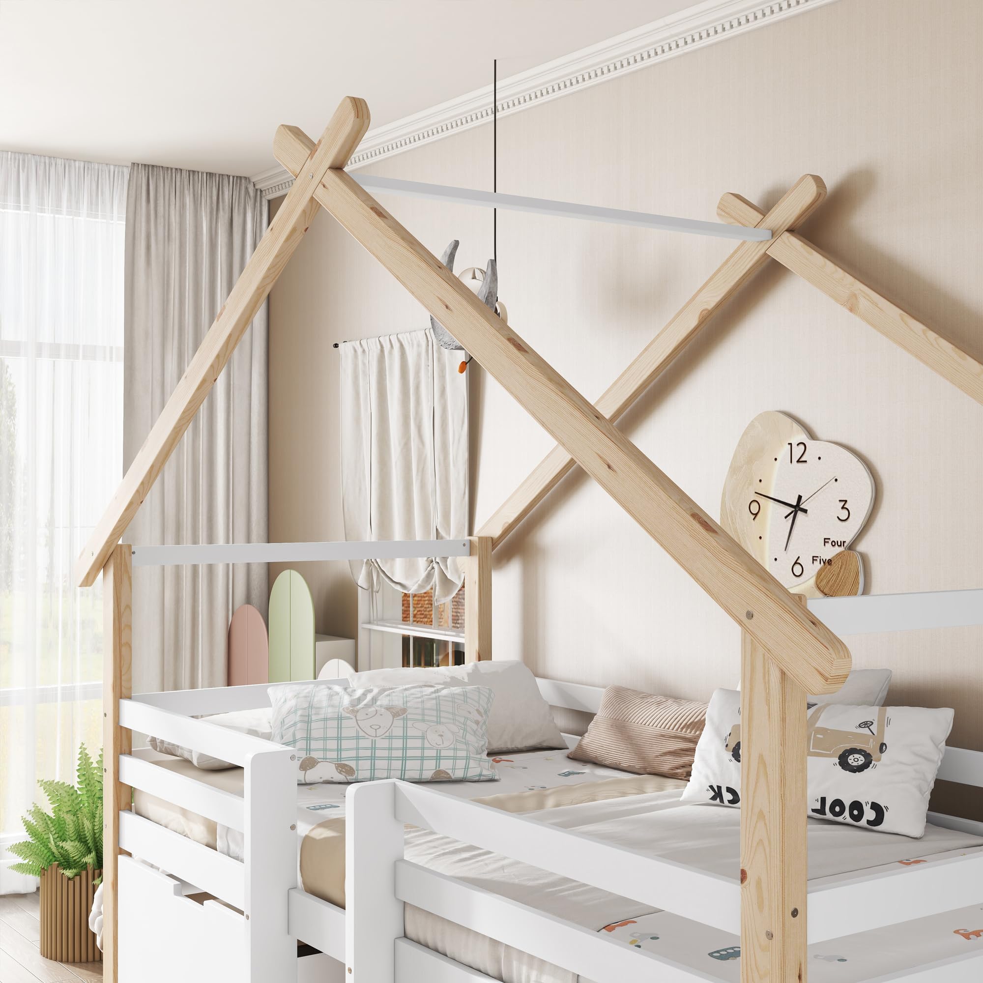 Merax Kinderbett 90x200cm, Hausbett mit 2 Schubladen & Kleine Leiter, Holzbett mit Rausfallschutz, Dach & Lattenrost, Stabiles Bettenhaus mit Vierseitiger Zaun, Halbhohes Bett für Mädchen/Jungen, Weiß