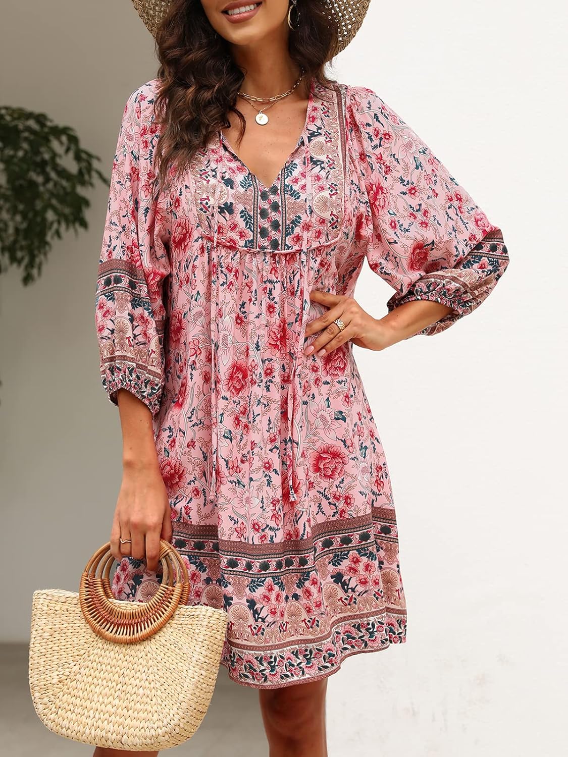 Qearal Women's Casual V Neck 3/4 Sleeve Boho Floral Printed Loose Short Flowy Summer Beach Vacation Dress - Image 2