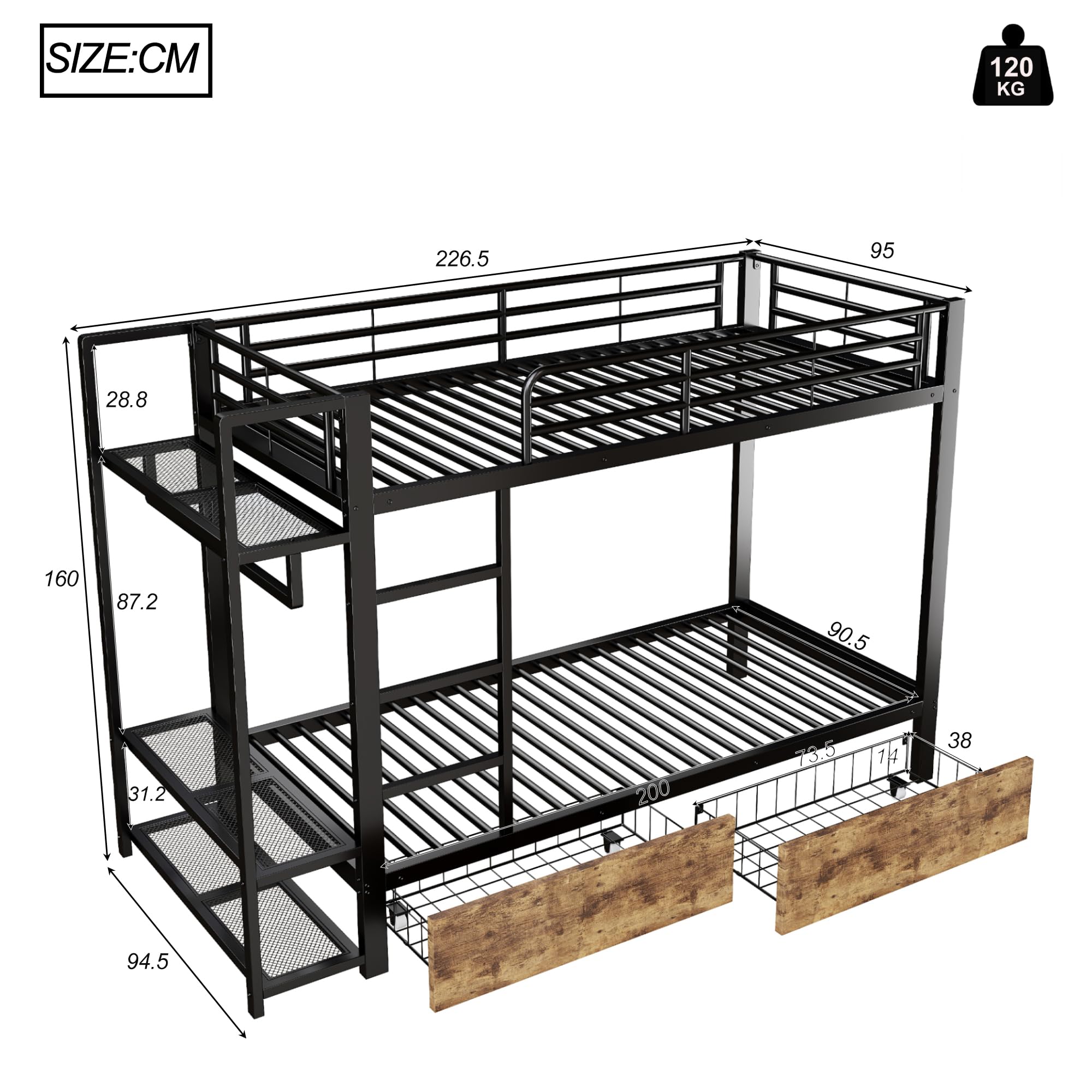 Łóżko piętrowe z litego drewna i płyty MDF, 90 x 200 cm, czarne, z wbudowanymi szufladami, nośność 120 kg, do pokoju młodzieżowego (bez materaca)