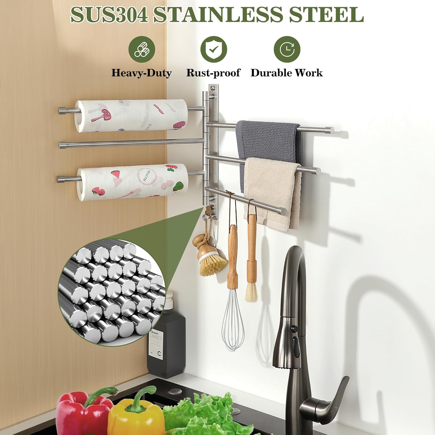 Alise Swivel Towel Rack, SUS304 Stainless Steel 6 Arms Towel Bar, Space Saving Swing Out Towel Bar with Hook, Towel Racks Wall Mounted for Bathroom, Brushed Nickel