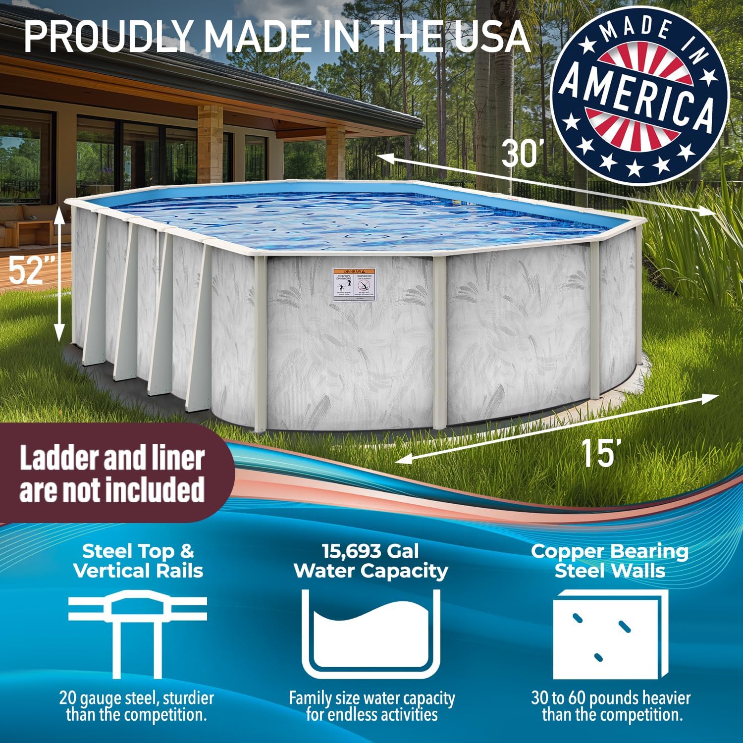 Hollowell Industries - Manufacturers of Doughboy Pools, 15’ x 30’ Oval Swimming Pool Above Ground, 52” Deep with Skimmer - Hard Sided Steel Wall Pool, Brush Stroke Design - Made in USA