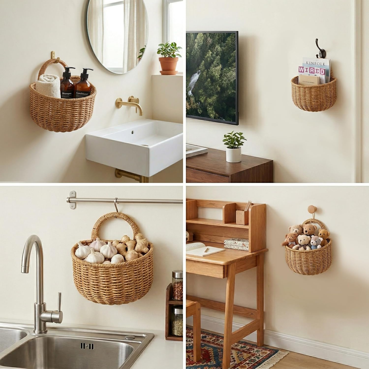 2 Pack Hanging Onion Rattan Basket - Wall Hand Woven Storage with Handle, Small Washable Decorative Organizer, Household Home Kitchen Bin for Potato Garlic Fruit Vegetable Flower Plants Towels Balcony