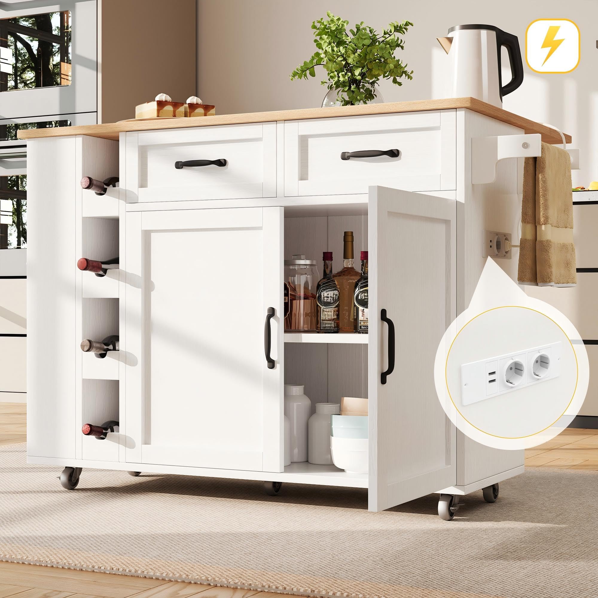 LAKFEW Isla Cocina con Ruedas y Enchufes, Aparador Cocina con Tablero Plegable y Botellero, Mueble Auxiliar de Cocina Isla de Cocina con 2 Cajones y Toallero, 131.5x43(76) x90.7 cm, Blanco+Natural
