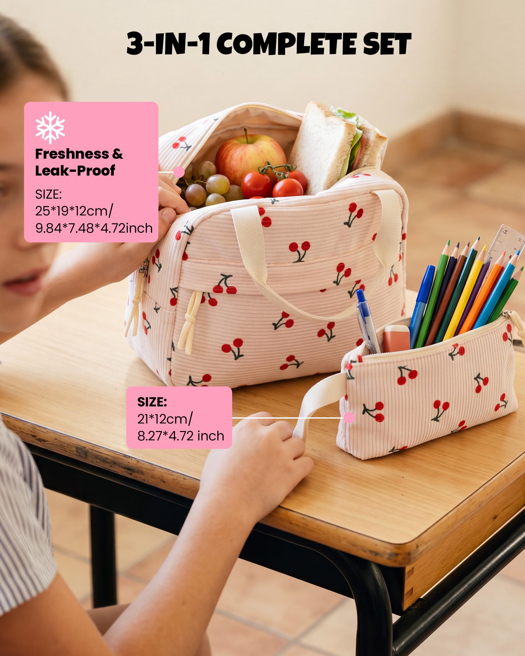Amythe 3-teilige Schulrucksack Set für Mädchen 3.-7. Klasse, Leicht 23L | Teenager Schultasche mit Lunchbag & Federmäppchen, Schulranzen für Grundschule & Mittelstufe, Wasserfest, Beige