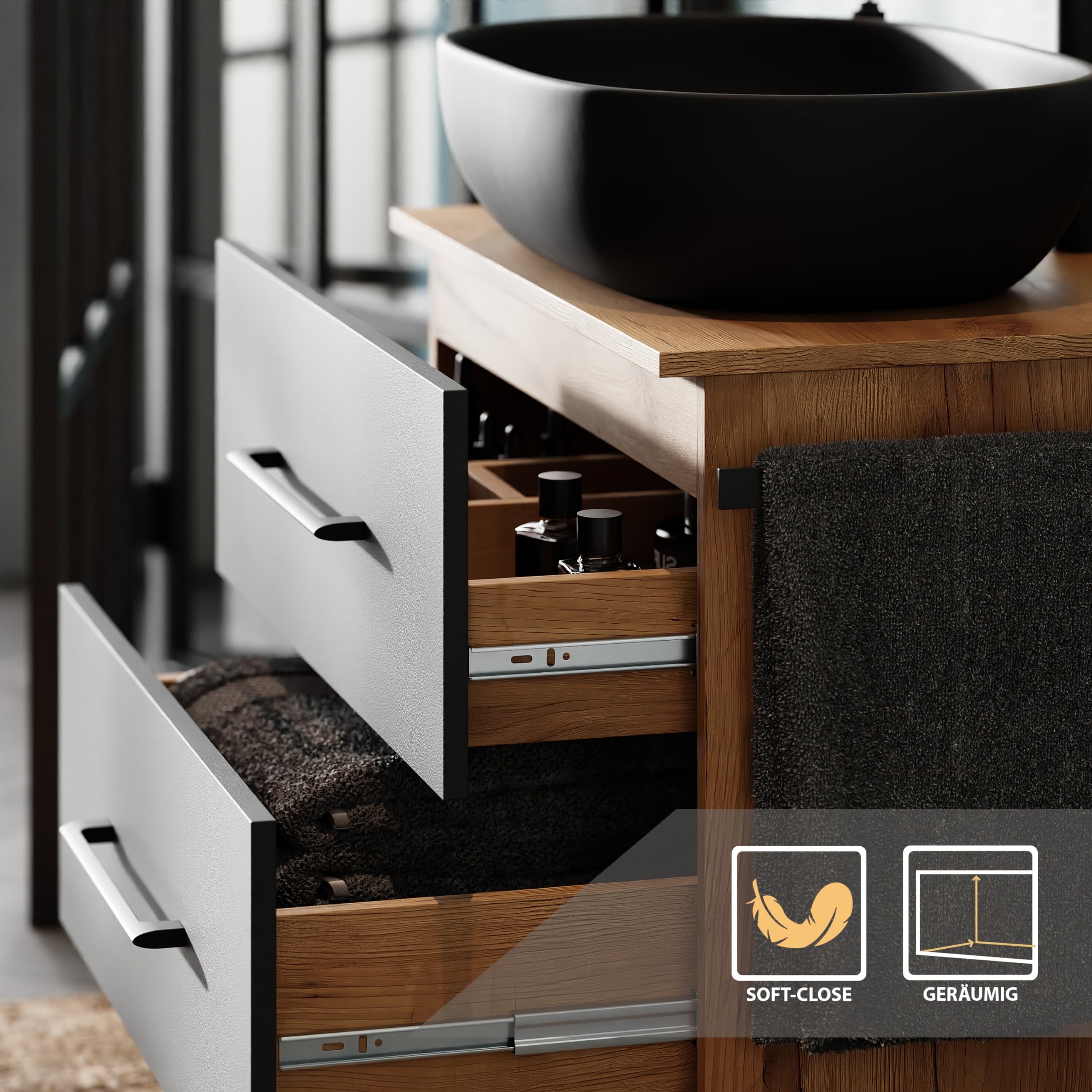 Planetmöbel LUX Juego de muebles de baño con lavabo y mueble bajo suspendido de 70 cm, incluye lavabo sobre encimera de 60 cm, color negro, mueble bajo en roble dorado/antracita