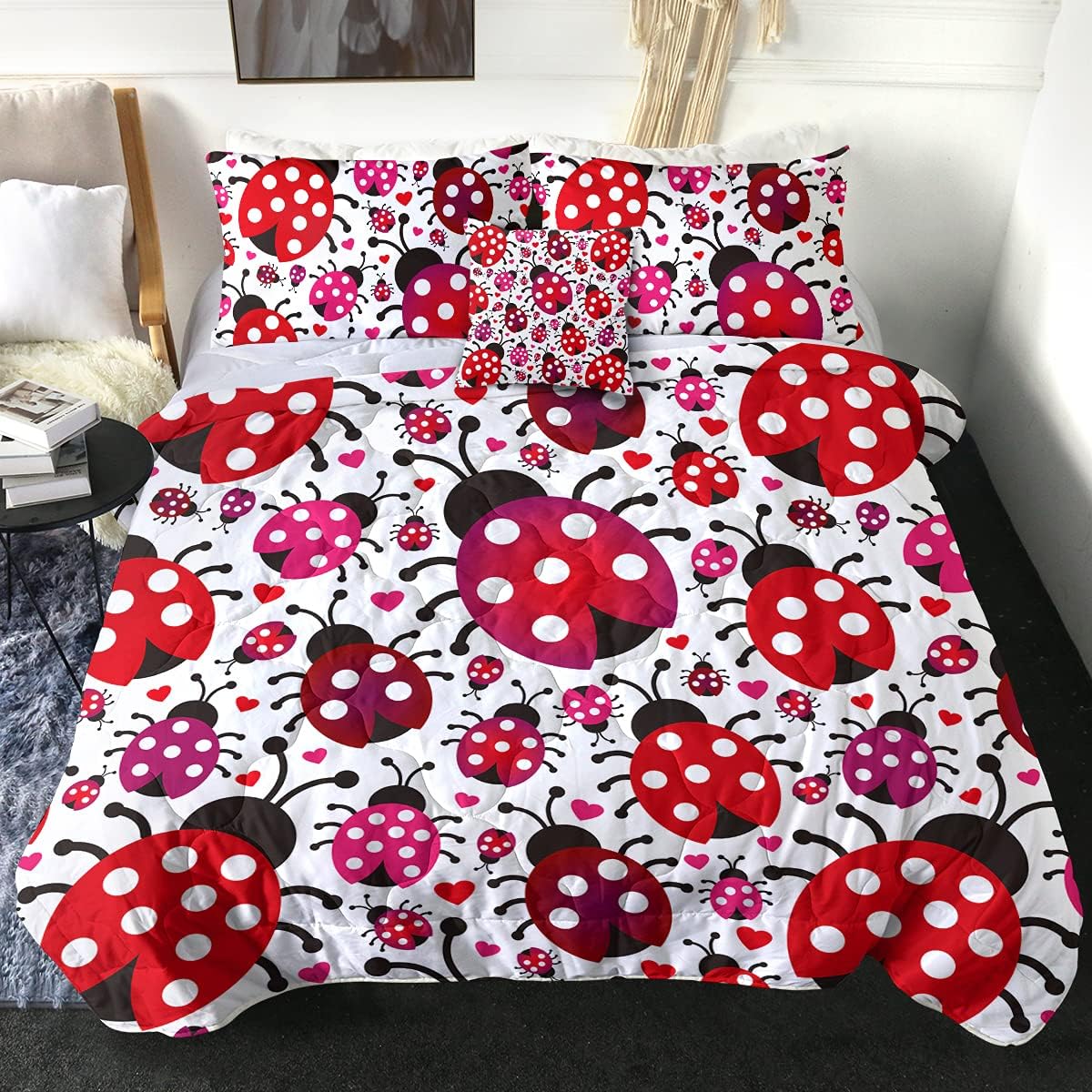 Sleepwish 4 Piece Ladybug Comforter Set with 2 Pillow Shams and 1 Cushion Cover Cute