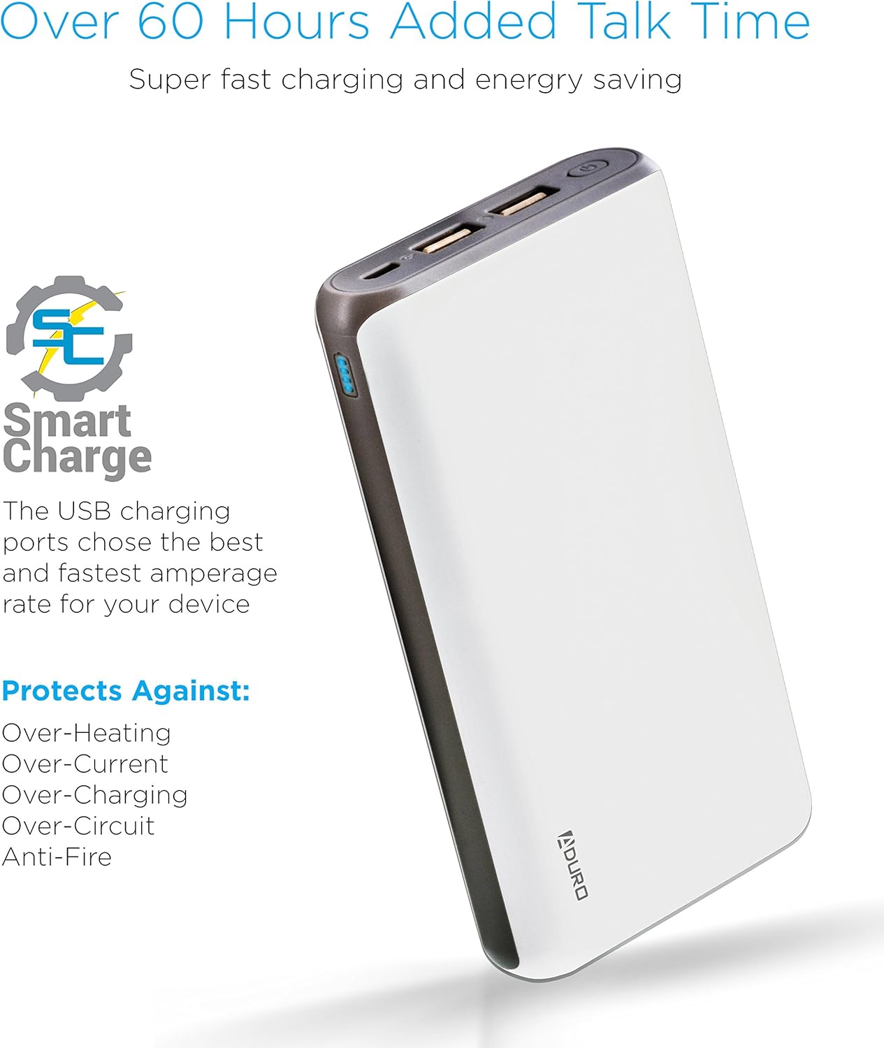 Aduro PowerUp Ultra Boost showing Smart Charge logo and list of safety protections