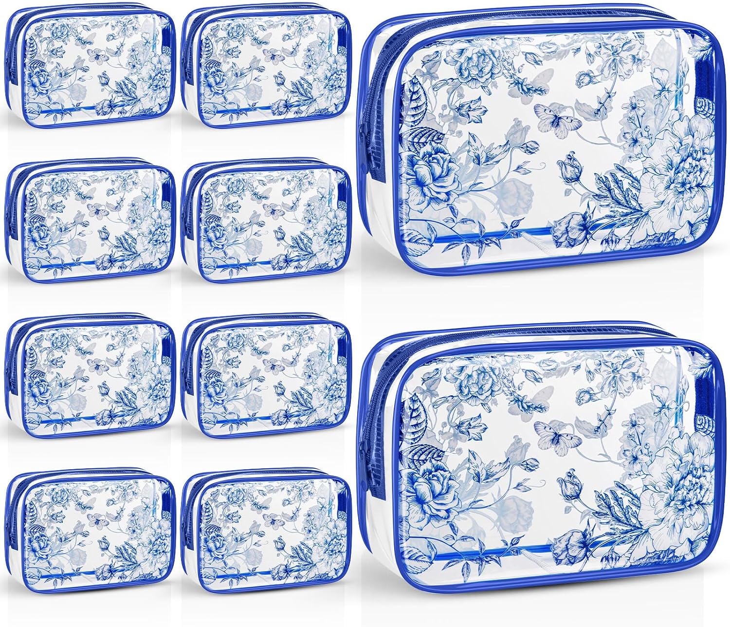 10 Pcs Clear PVC Makeup Bags Floral Waterproof, Blue