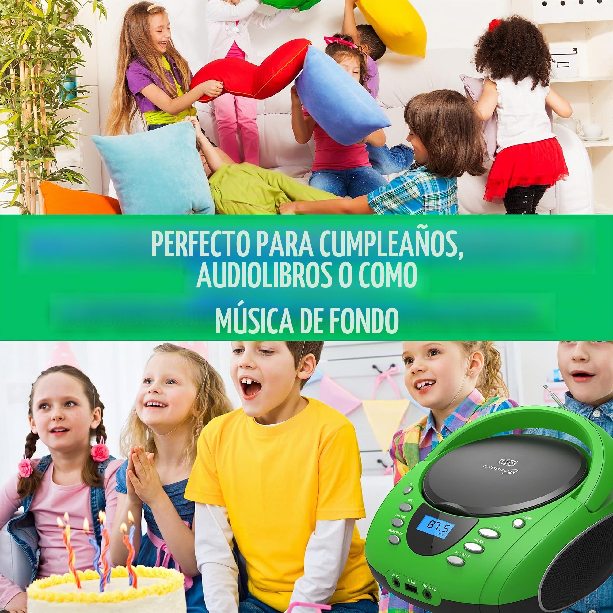 Boombox portátil | CD/CD-R | USB | Reproductor de Radio FM | Entrada AUX | Conector para Auriculares | Radio Infantil | Sistema estéreo | Sistema Compacto (Golo Green)