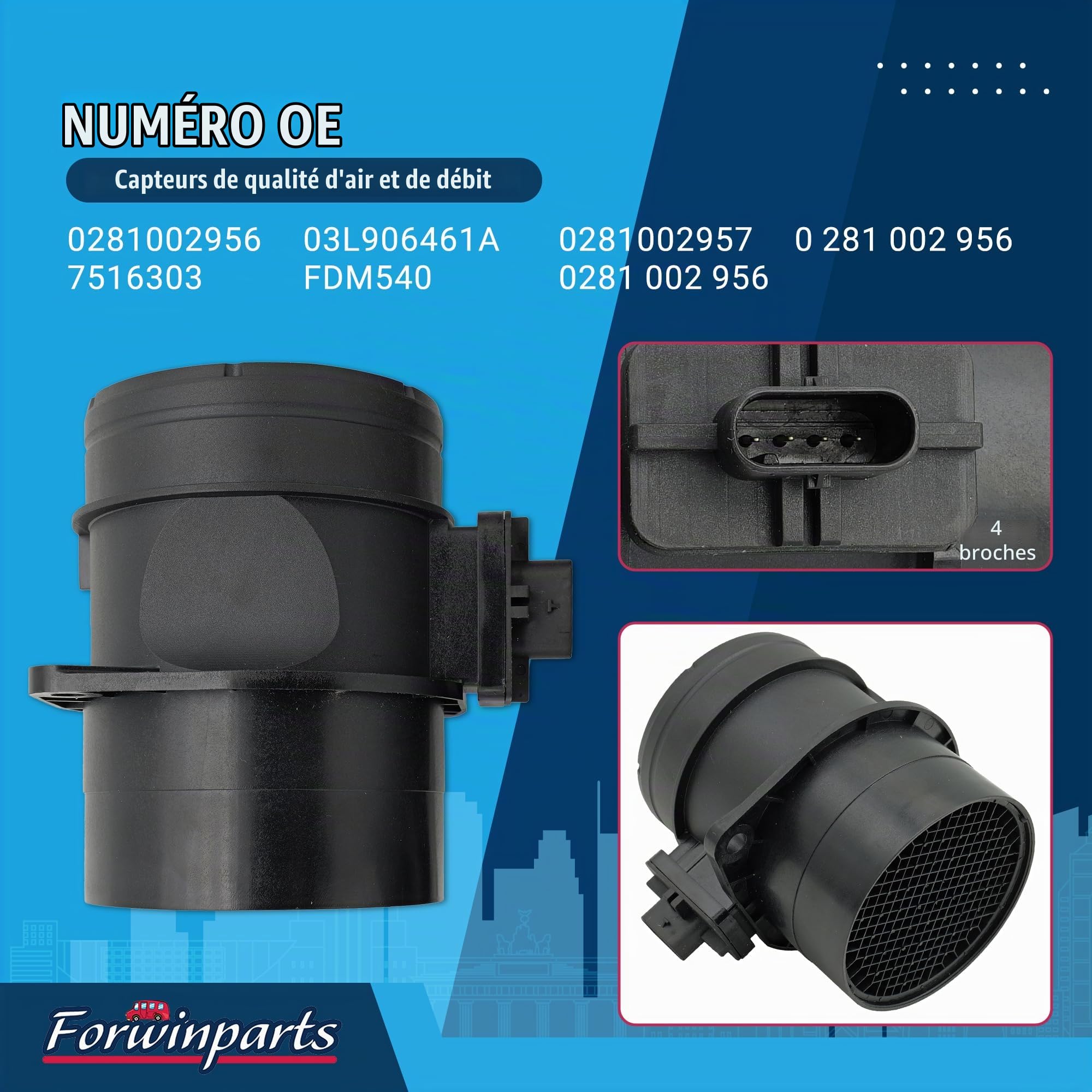 Forwinparts 0281002956 Capteurs de qualité de l'air et de débit pour VW Passat Touran Tiguan Golf Audi A1 A3 A4 A5 A6 TT Q5 Q2 Q3 Seat Altea Leon Exeo Skoda Karoq Octavia Yet