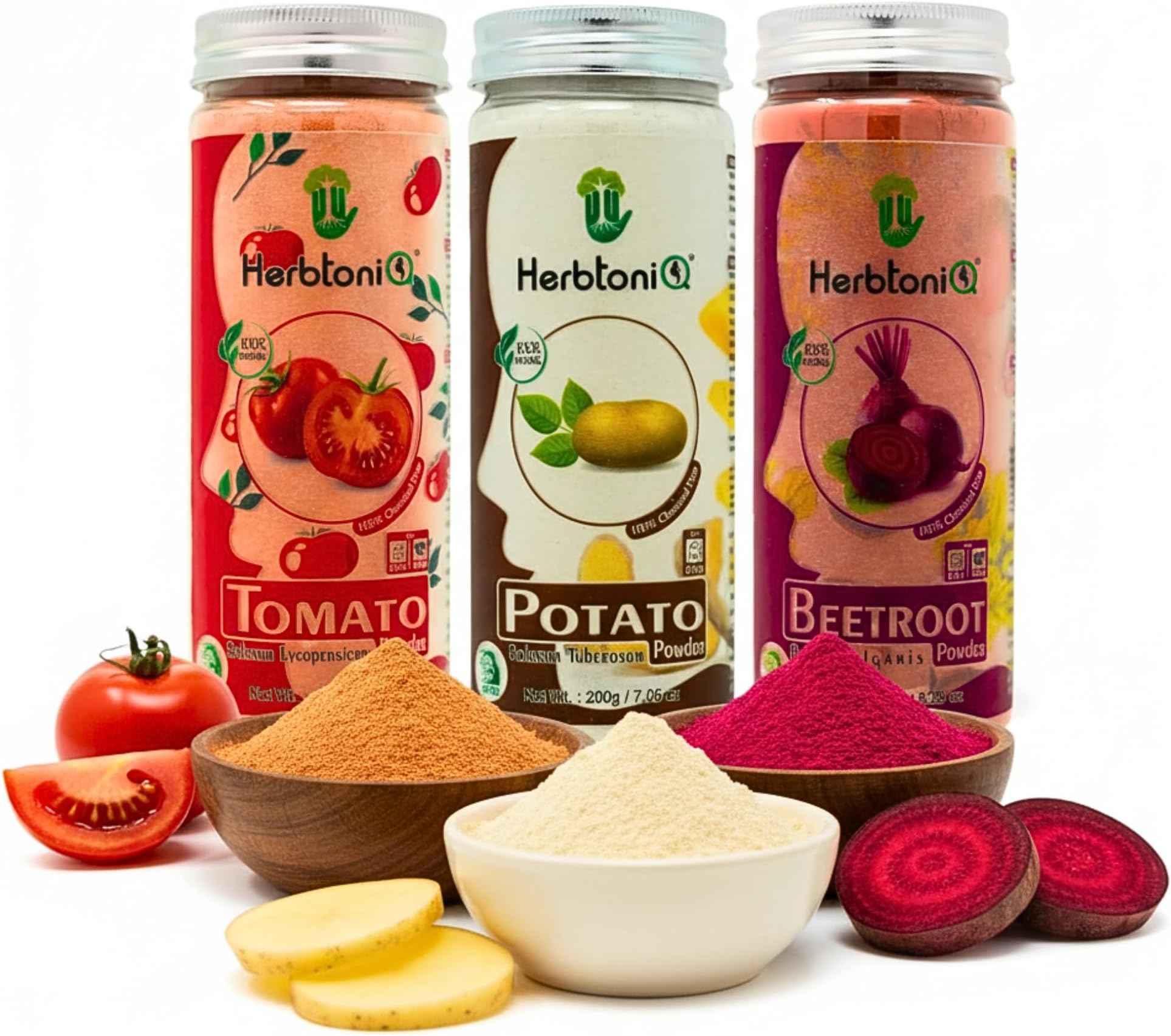 Herbtoniq Face Pack Powders for Glowing Skin, Tan Removal | Trio Combo Pack Goodness of Tomato Potato Beetroot Powder | Ideal for Brightening Skincare Mask for All Skin Types | Unisex (550g)