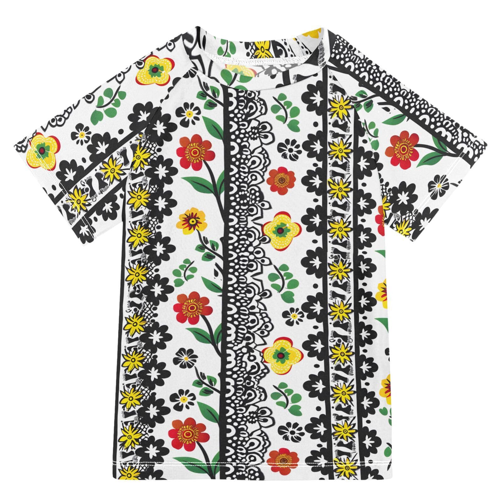 ALAZA Boys Swim Shirts Toddler Rash Guard Short Sleeve Rashguard Flower Black White UPF 50+ 11-12T