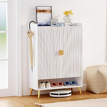 SUNBURY Shoe Cabinet Storage for Entryway, Shoe Organizer Boots with Adjustable Shelves, 7-Tier Wooden Shoe Rack Cabinet with 2 Doors for Entryway, Hallway, White & Gold