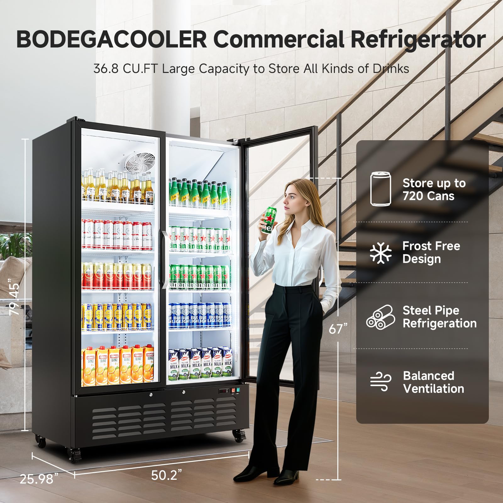BODEGACOOLER Commercial Merchandiser Refrigerator, 36.8 Cu.Ft Upright Display Beverage Cooler, 2 Glass Door Display Refrigerator with Soft LED Light, Adjustable Shelves, 4 Strong Castors(Black)