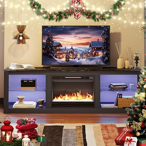 Bestier Fireplace TV Stand for TVs Up to 75",Gaming Entertainment Center with 18" Electric Fireplace, Adjustable Shelves,LED TV Console with Modern Design for Living Room,Black Marble
