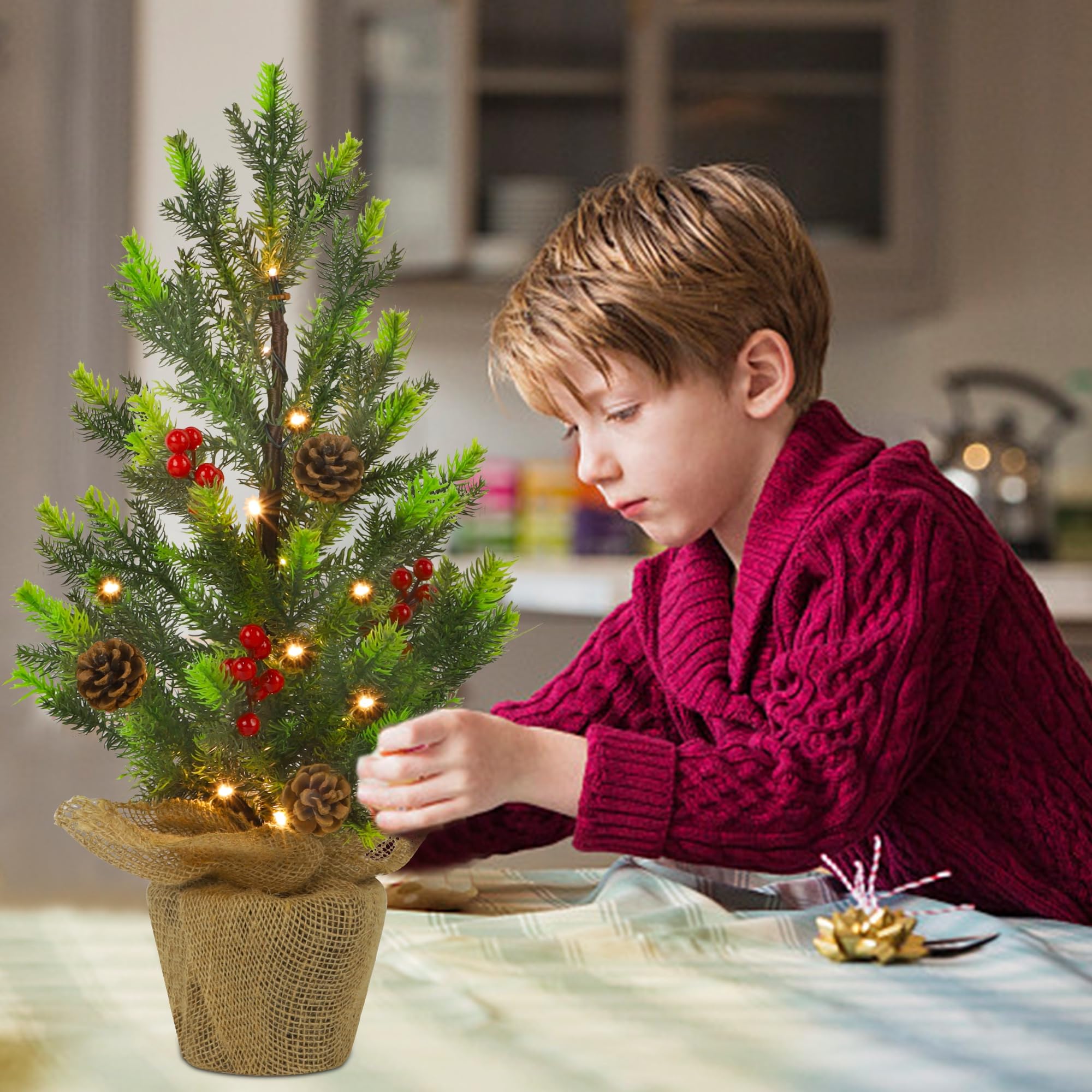 Juegoal Sapin de Noël lumineux de 61 cm, avec 50 guirlandes lumineuses blanc chaud, petit sapin lumineux avec base en toile de jute pour Noël, décoration de maison de printemps