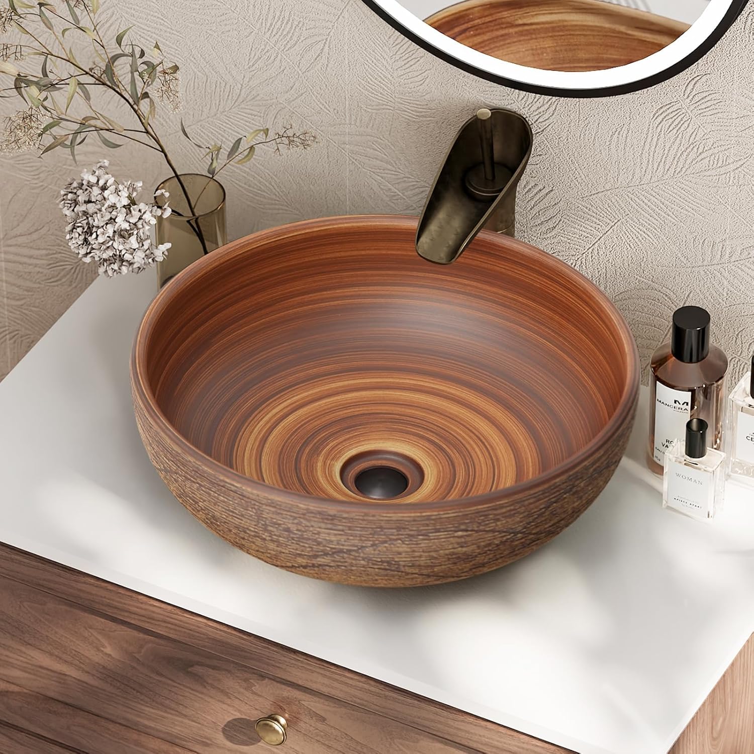 Vessel Sink, 15.7" Bathroom Sink for Retro Style Countertop Washbasin, Handmade Patterned Elegant Ceramic Round Bowl Sink for Modern and Classic Bathrooms Without Overflow