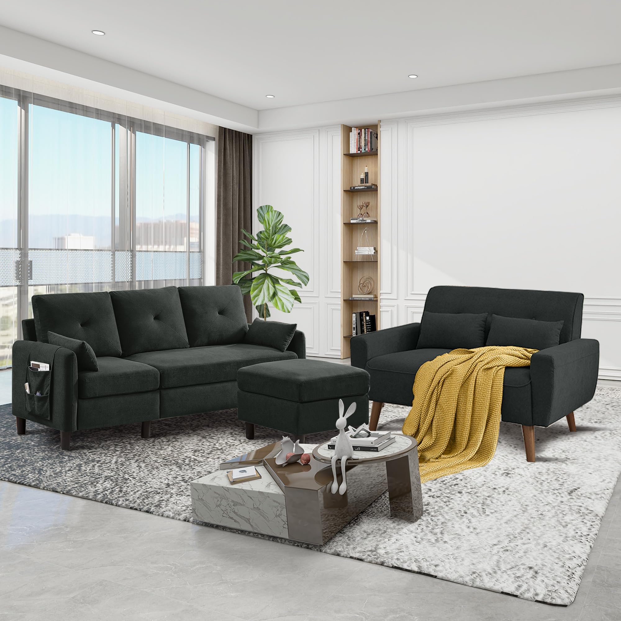 3 Pieces Sofa Set, Modern 3 Seater Sofa and Loveseat, Convertible L Shaped Couch with Reversible Chaise, Sectional Couch for Living Room Apartment, Black