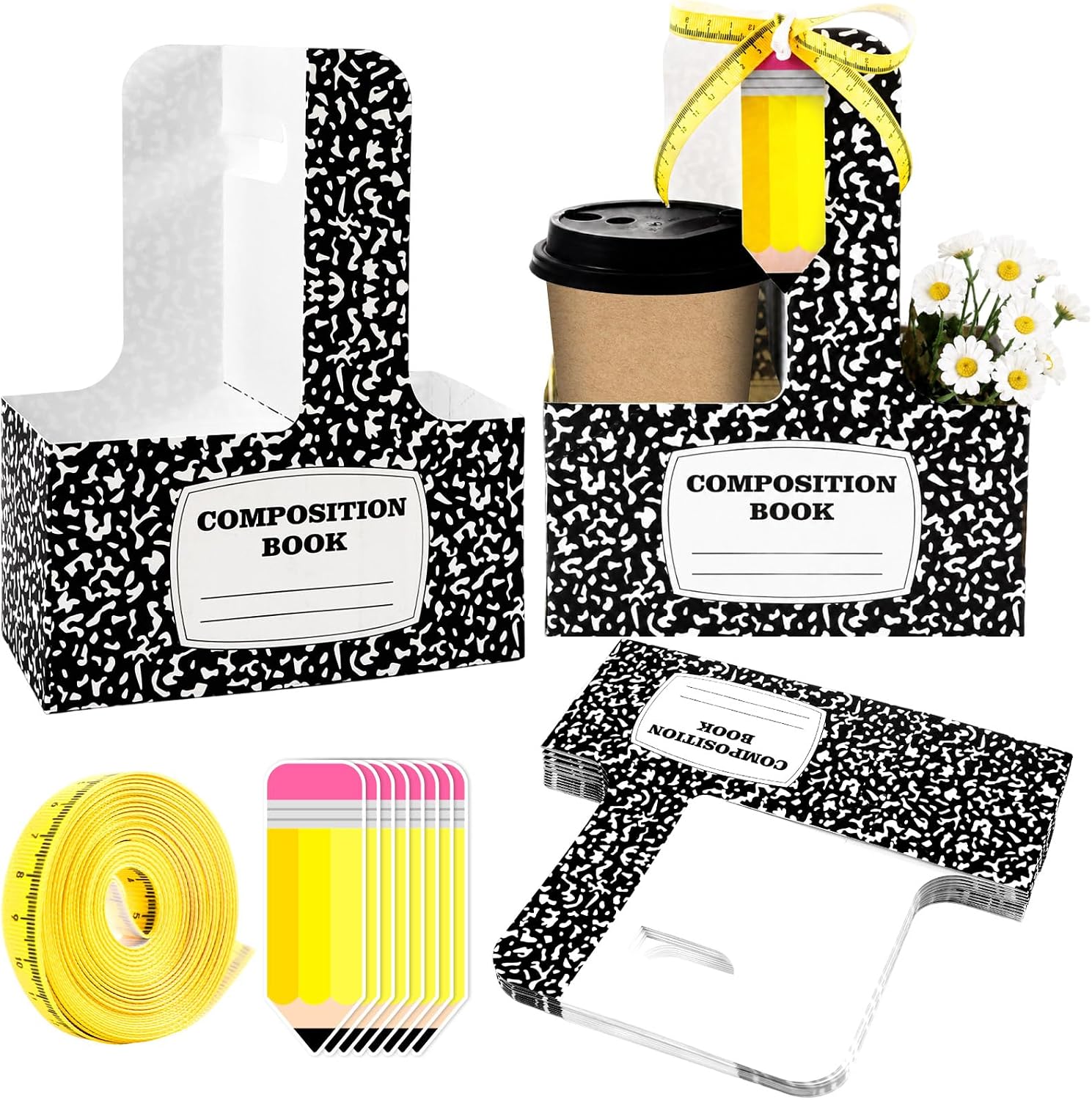 24Set Composition Notebook 2 Cup Drink Carrier with Handle Back to School Teacher Appreciation Gifts Portable Paper Coffee Holders with Pencil Greeting Card Ribbon for Classroom Party Favors Supplies