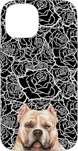 Funda para iPhone 14 American Bulldog Bully Dog Rose Flower Negro Blanco Patrón