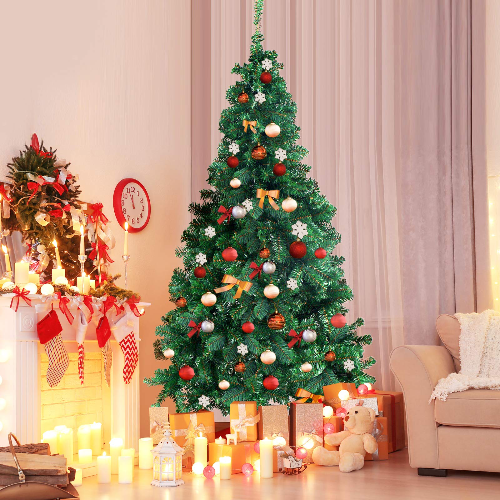 GOPLUS 150/180/210/240cm Árbol de Navidad Artificial Automatica Verde, Decoración Navideña con Soporte de Metal, Árvore de Natal de Abeto Verde con 950 Puntas de Ramas de PVC Ignífuga (210cm)