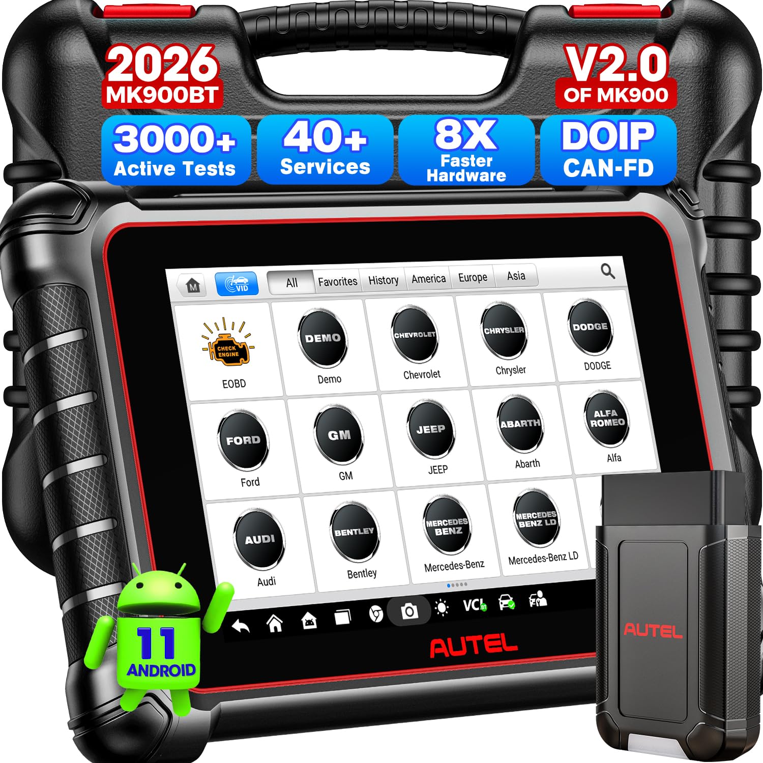 2026 Autel Scanner MaxiCOM MK900BT, MK900-BT Bidirectional OBD2 Scan Tool with CAN FD DoIP, 40+ Service, BT 2.0 Up. of MK900 MK808S MK808BT PRO MX900 MX808, 3000+ Active Tests, OE Diagnostic, FCA SGW