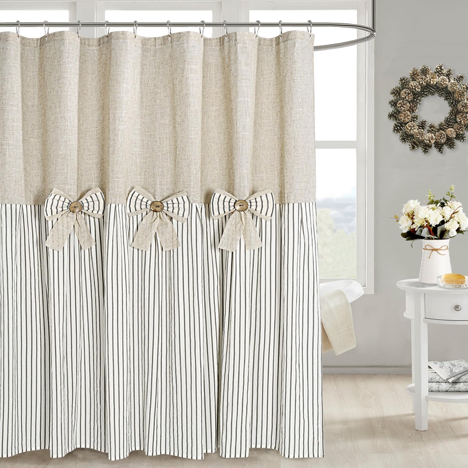 Awellife Linen Button Farmhouse Beige Shower Curtain,Linen