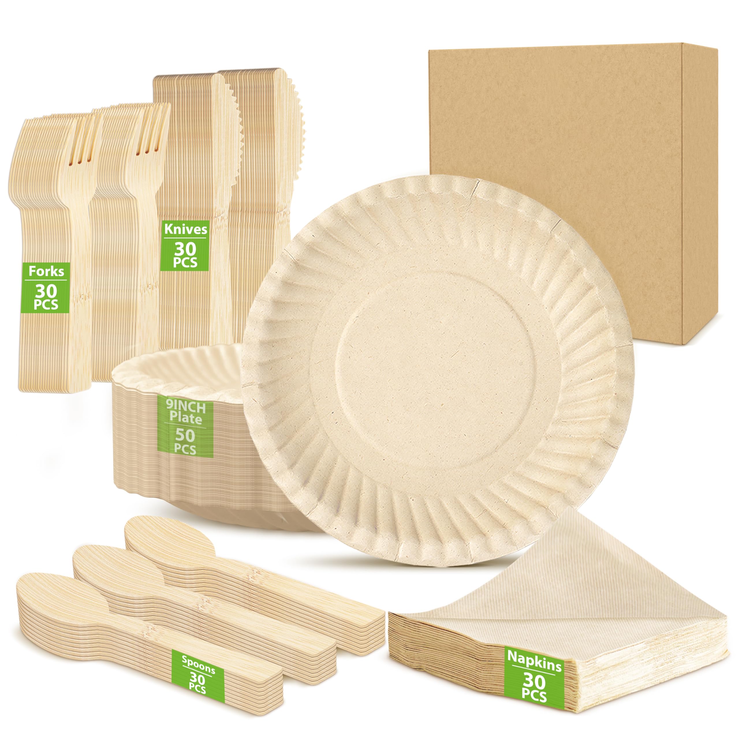 170 Stück Kompostierbares Party Set - 9 Zoll gemusterte runde Teller, Besteck, 40x40 cm Servietten, biologisch abbaubar & leicht für Feiern und Grillabende