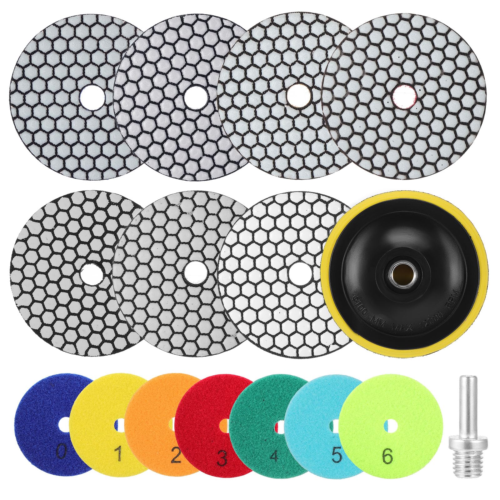 Kinsinder 7+1 Stück 4" 100mm Diamant Trocken Schleifpads Set #50-#3000 mit M14 Klett Polieraufsatz für Winkelschleifer zum Schleifen von Marmor, Beton, Keramik & Polieren Verschiedener Steinarten