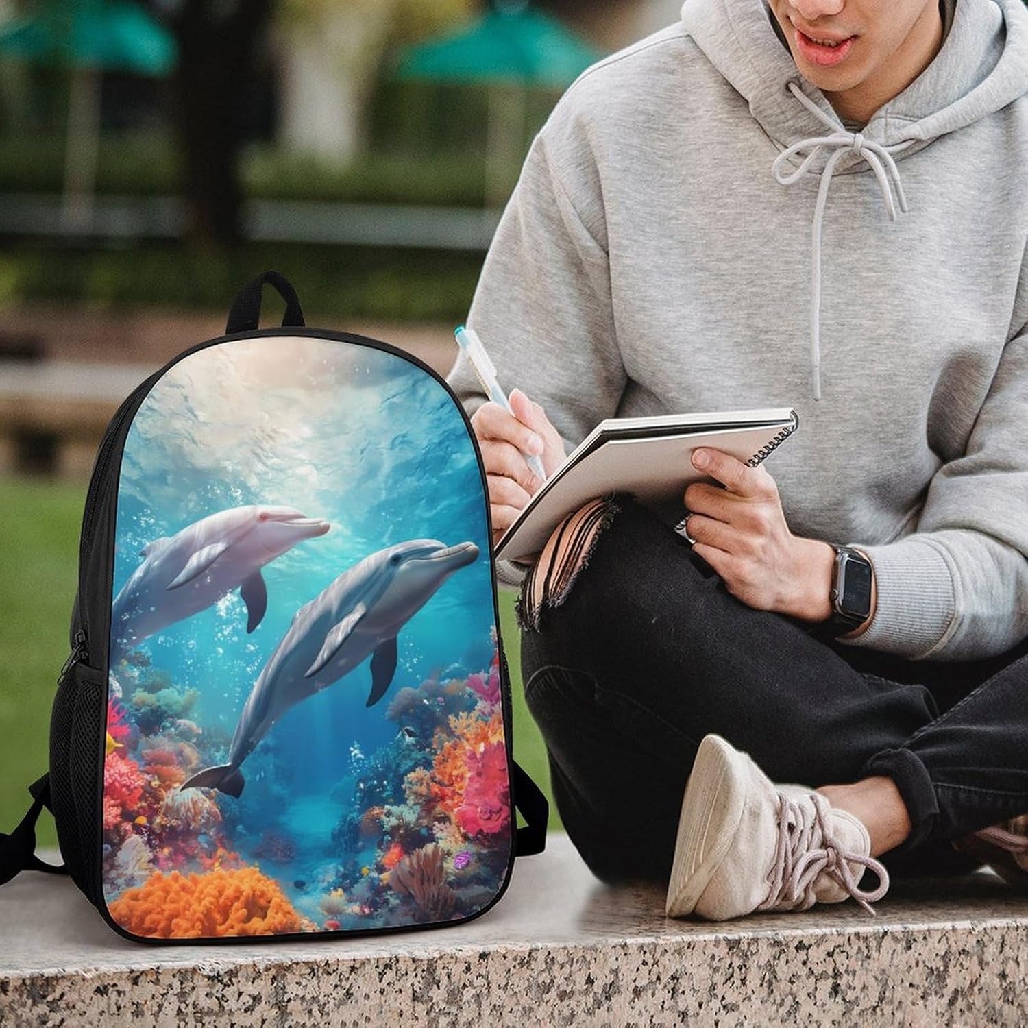 Ocean Dolphin Laptop Backpack for Men Women 17 Inch Shoulder Bag Travel Daypack
