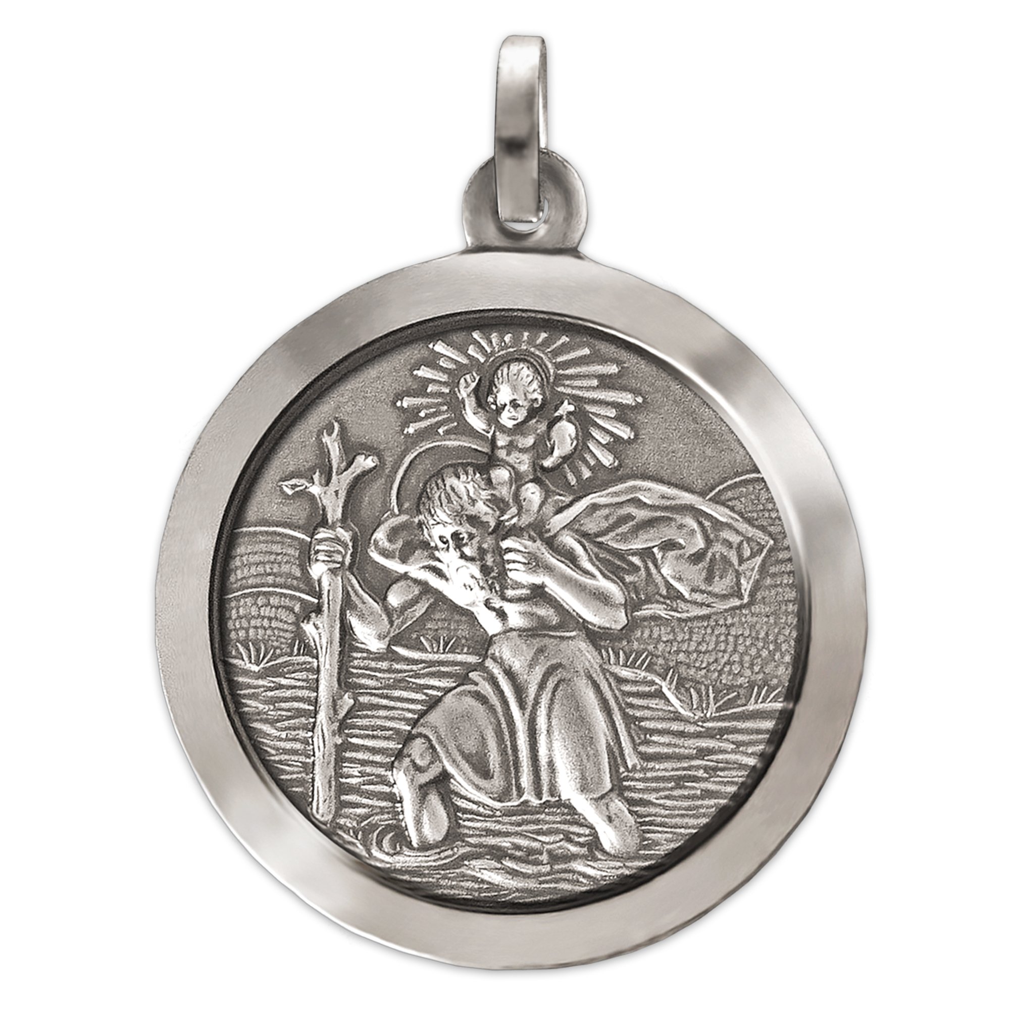 Clever Schmuck Silver Men's Pendant Jewellery Front Large Christopher Diameter 24 mm Antique Blackened Shiny Back Matte 925 Sterling Silver