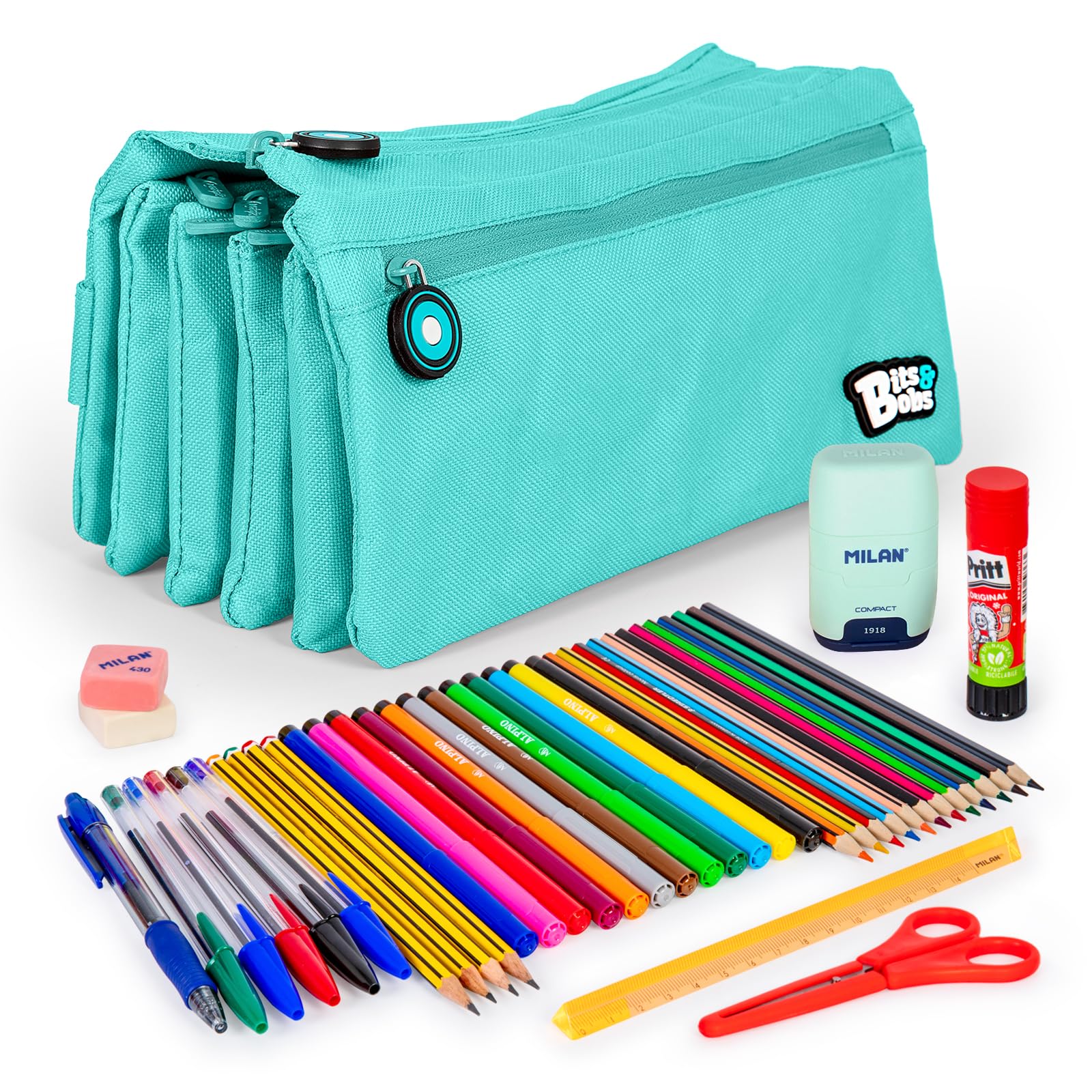 ColePack - Lote de Estuche Portatodo Cuádruple con 4 Cremalleras y Material Escolar de Primeras Marcas Incluido (Azul C.)