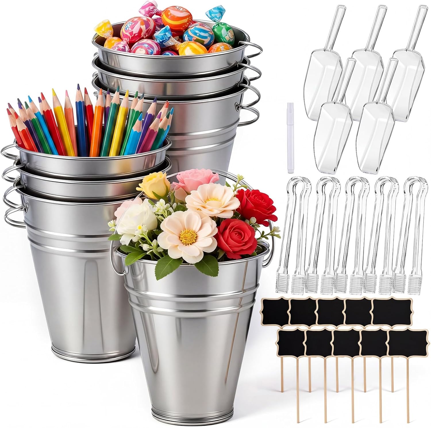10 Pcs Galvanized Metal Buckets with Handle Set Include 5" Mini Candy Tin Bucket Plastic Scoops Serving Tongs Chalkboard Picks and Marker for Candy Bar Birthday Party Wedding Garden Decor