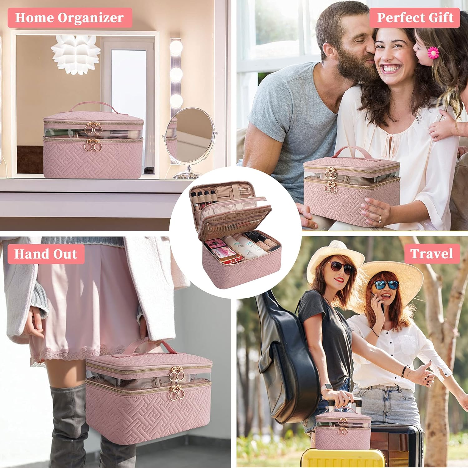 KIPBELIF Exquisite Large Travel Makeup Bag - Double Layer Makeup Case Organizer with Carry Handle, Cosmetic Bag with Top Layer for Brushes, Tweezers, Eyeliner, Pink : Beauty & Personal Care