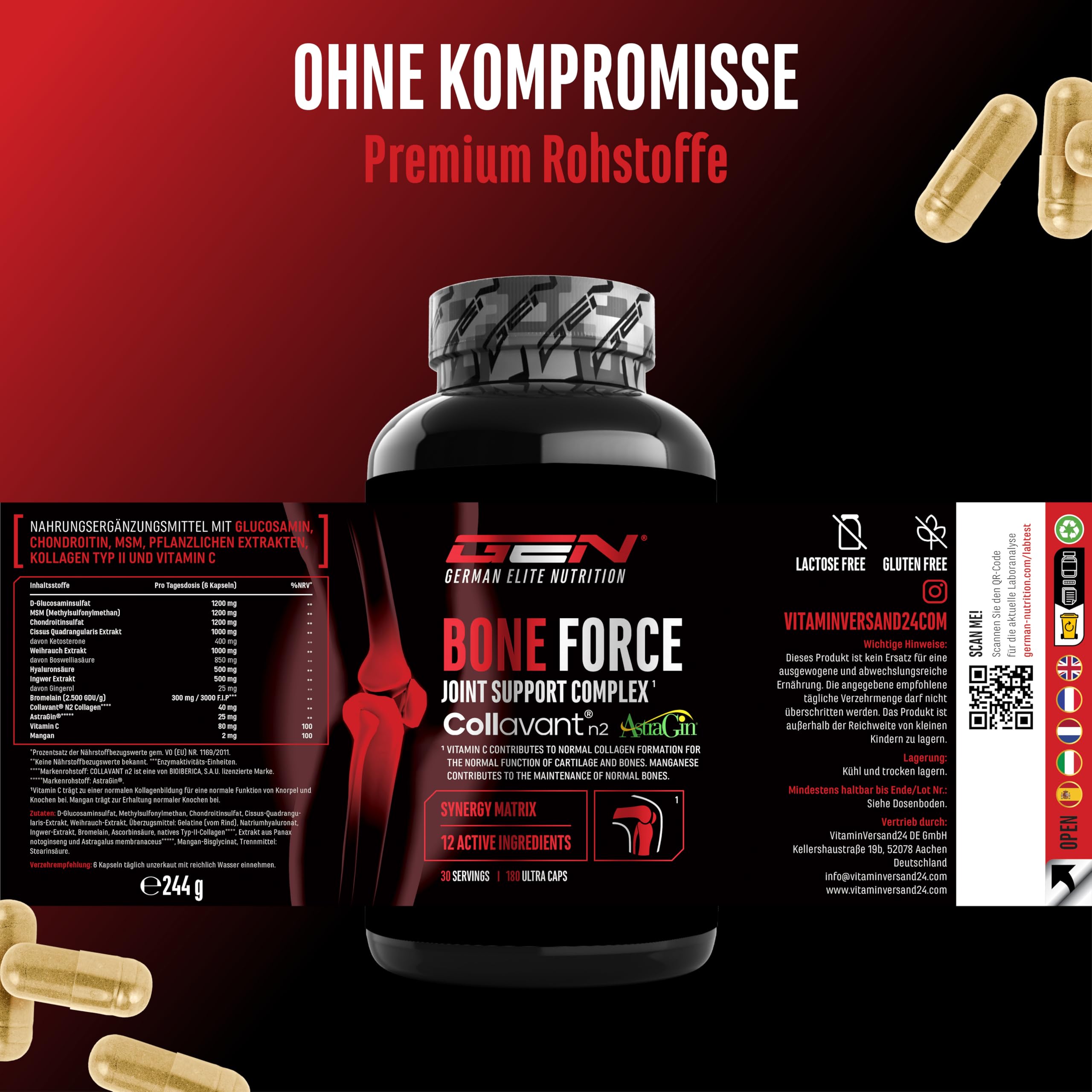GEN GERMAN ELITE NUTRITION Bone Force - 180 Ultra Kapseln | Kollagen Typ II & Glucosamin, Collavant® N2, AstraGin®, MSM, Chondroitin, Cissus & Hyaluronsäure