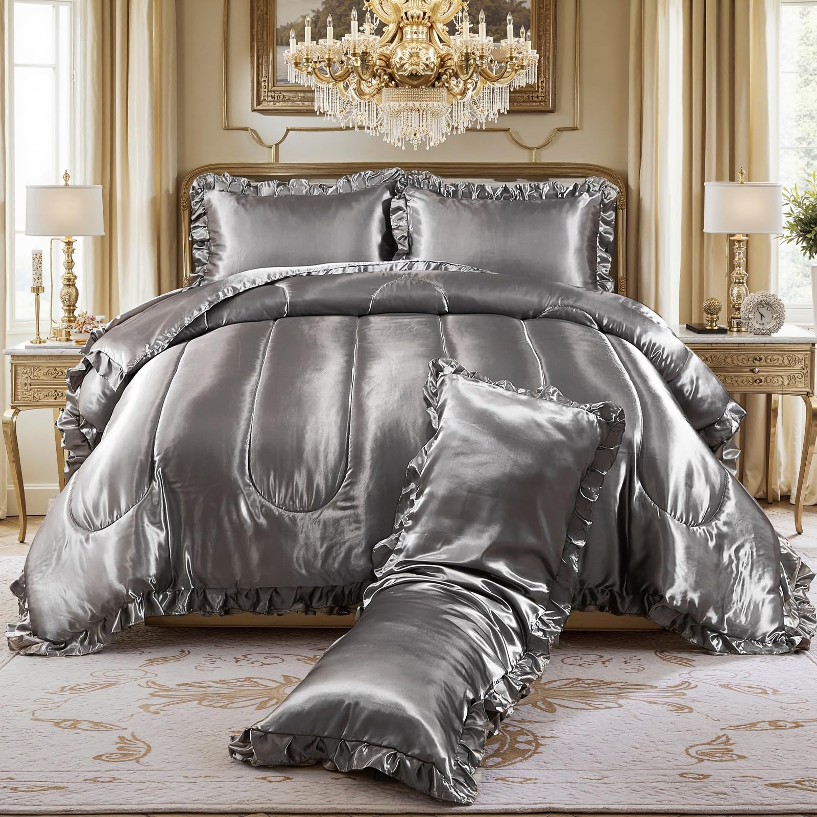 Satin Queen Comforter Set Silk Like Satin Bedding Set 4 Pcs Hotel Soft Polyester Grey Bed Set Luxury Silky Body Pillow Cover Ruffle Down Comforter