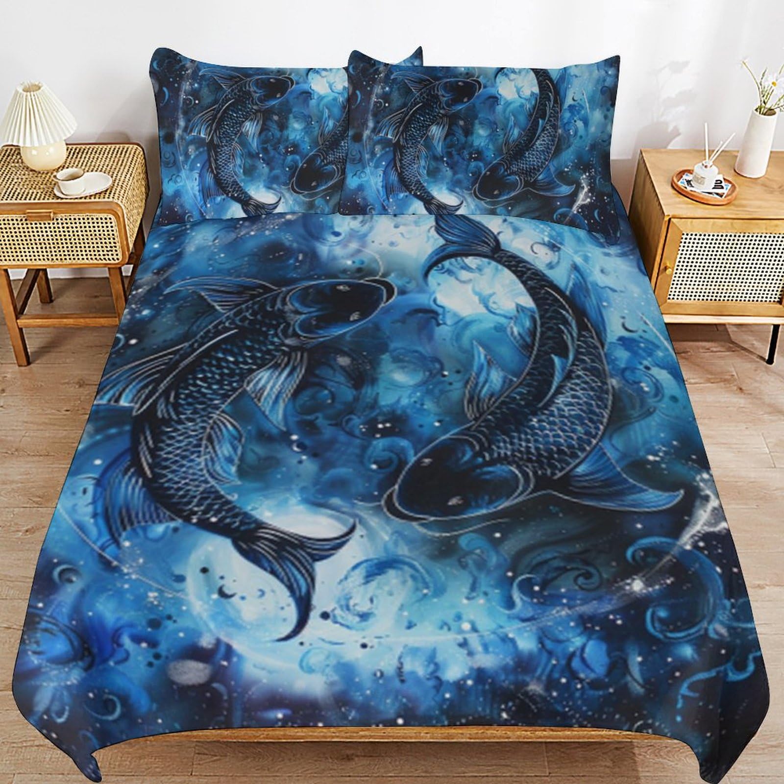 Juego de cama de peces 3D azul marino que soluciona la falta de color en cuartos oscuros