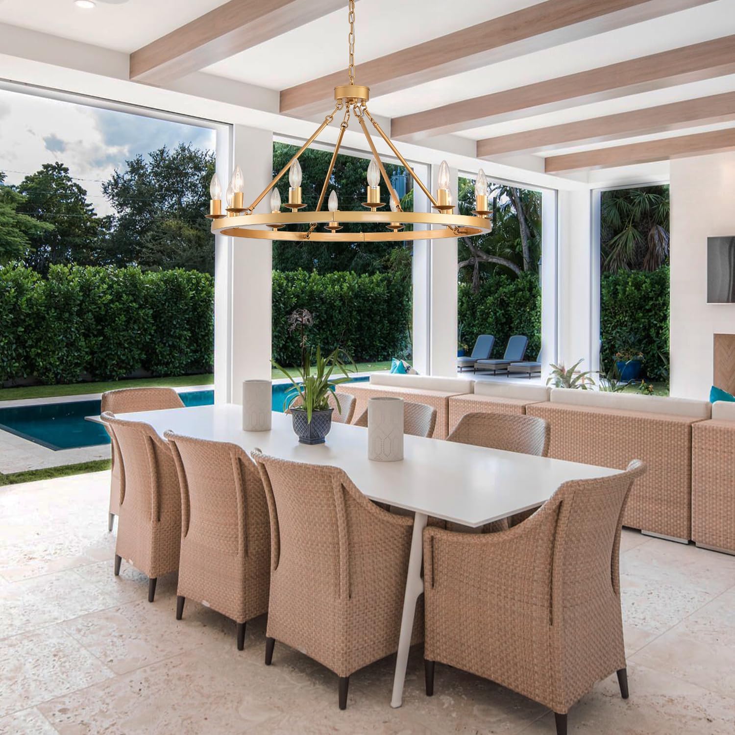 12-Light Gold Wagon Wheel Chandelier, 32 inch Farmhouse Round Wheel Chandeliers High Ceilings Hanging Light Fixture Outdoor Chandelier for Porch, Foyer, Dining Room, Living Room