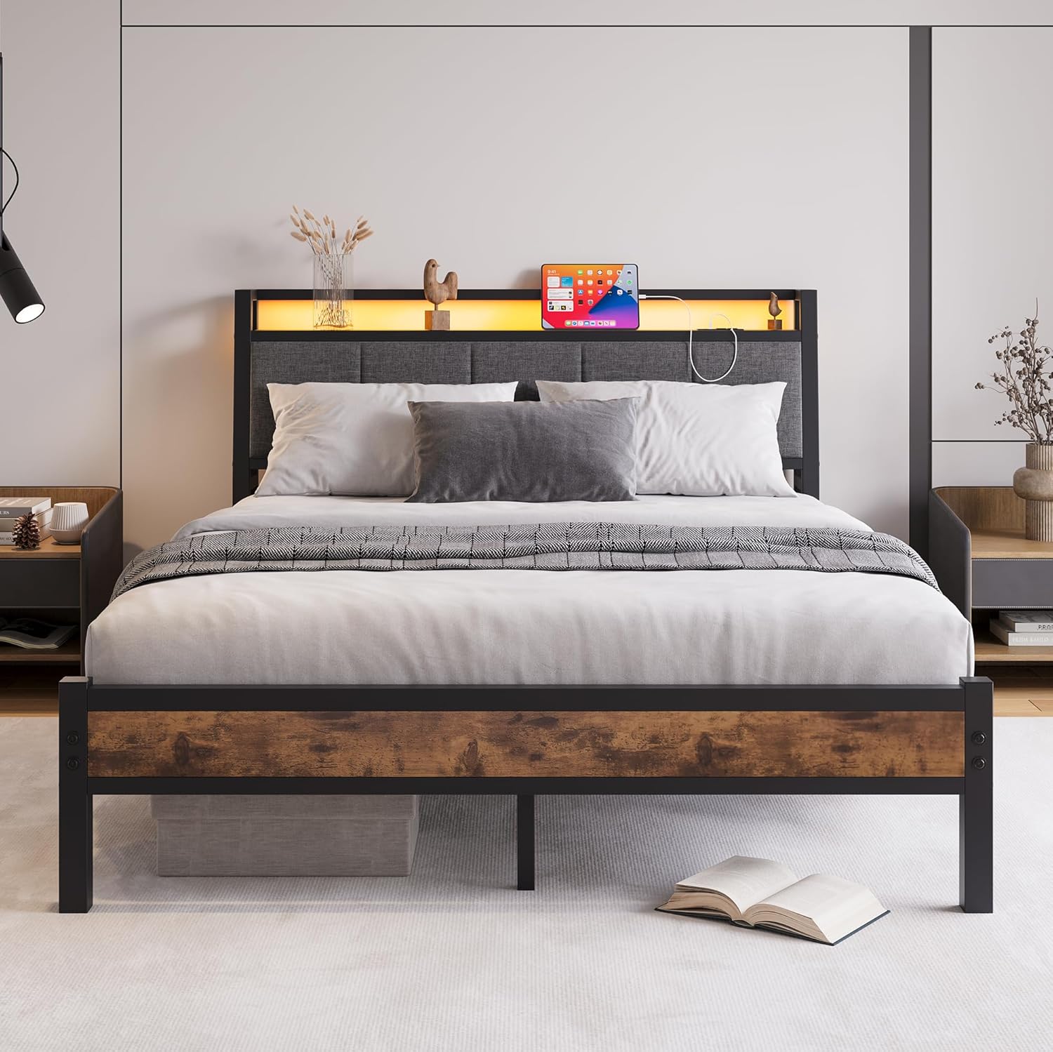Full view of the JURMERRY Queen Bed Frame with LED lights illuminated, showing the headboard storage and overall design.