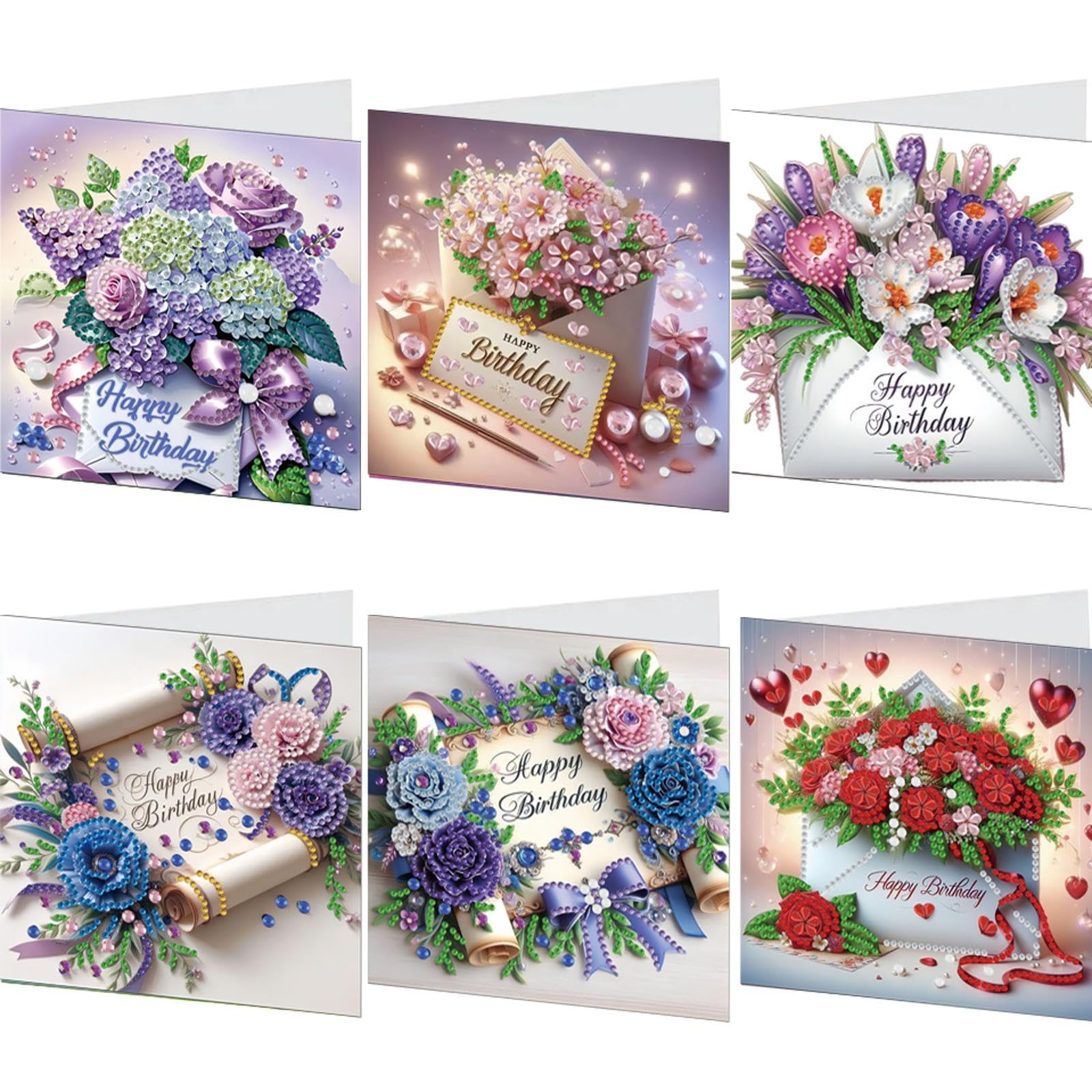 Diamond Art Birthday Cards, 6 PCS 5D DIY Happy Birthday Card Kits with Envelopes for Adults, Handmade Diamond Painting Greeting Cards, Unique Postcard Gift for Family & Friends