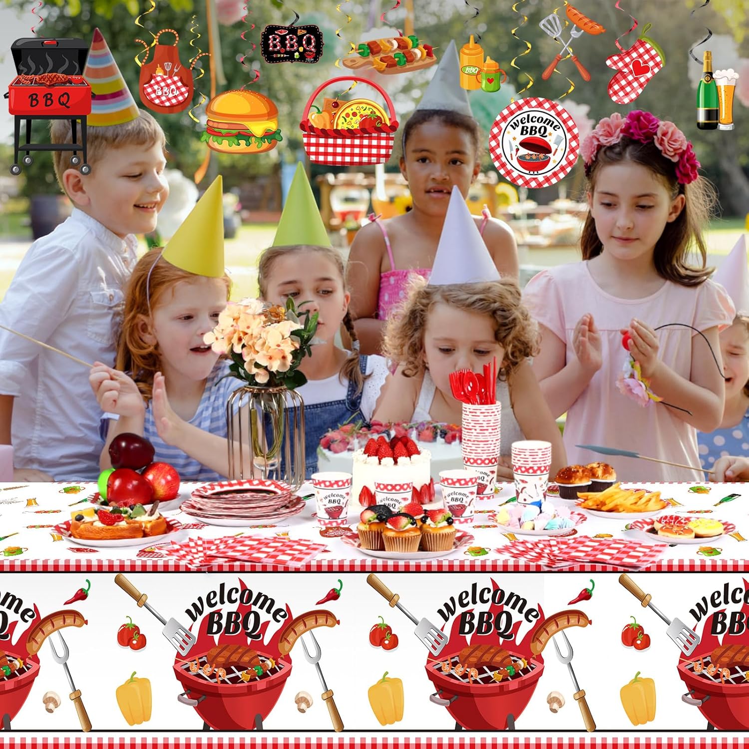 Capoda 139 Pcs BBQ Party Decorations Picnic Party Decors BBQ Baby Shower Supplies Hanging Swirls Banner Tablecloths Plates Napkins Cups Forks Spoons Knife for Summer Baby Shower Birthday Parties