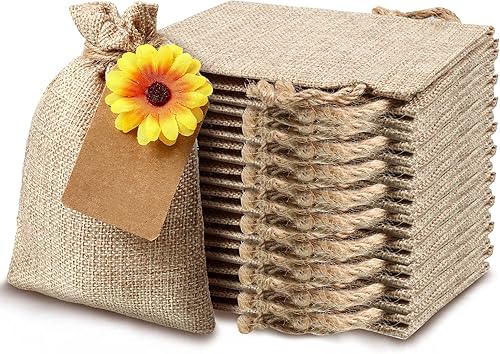 20 bolsas de arpillera de girasol con cordón de lino, bolsas de regalo con decoraciones de girasol falsas y etiquetas de regalo para fiesta de