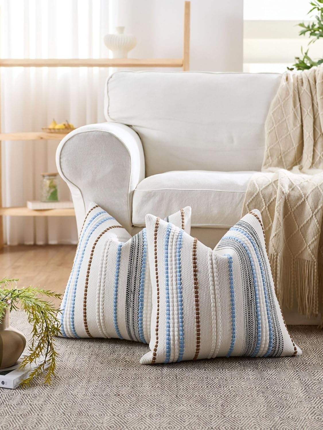 Pack of 2 Boho Throw Pillow Covers,Blue Brown White Striped Farmhouse Decorative Square Textured Woven Pillowcase for Sofa Couch Bed Living Room Decor,18x18 Inch