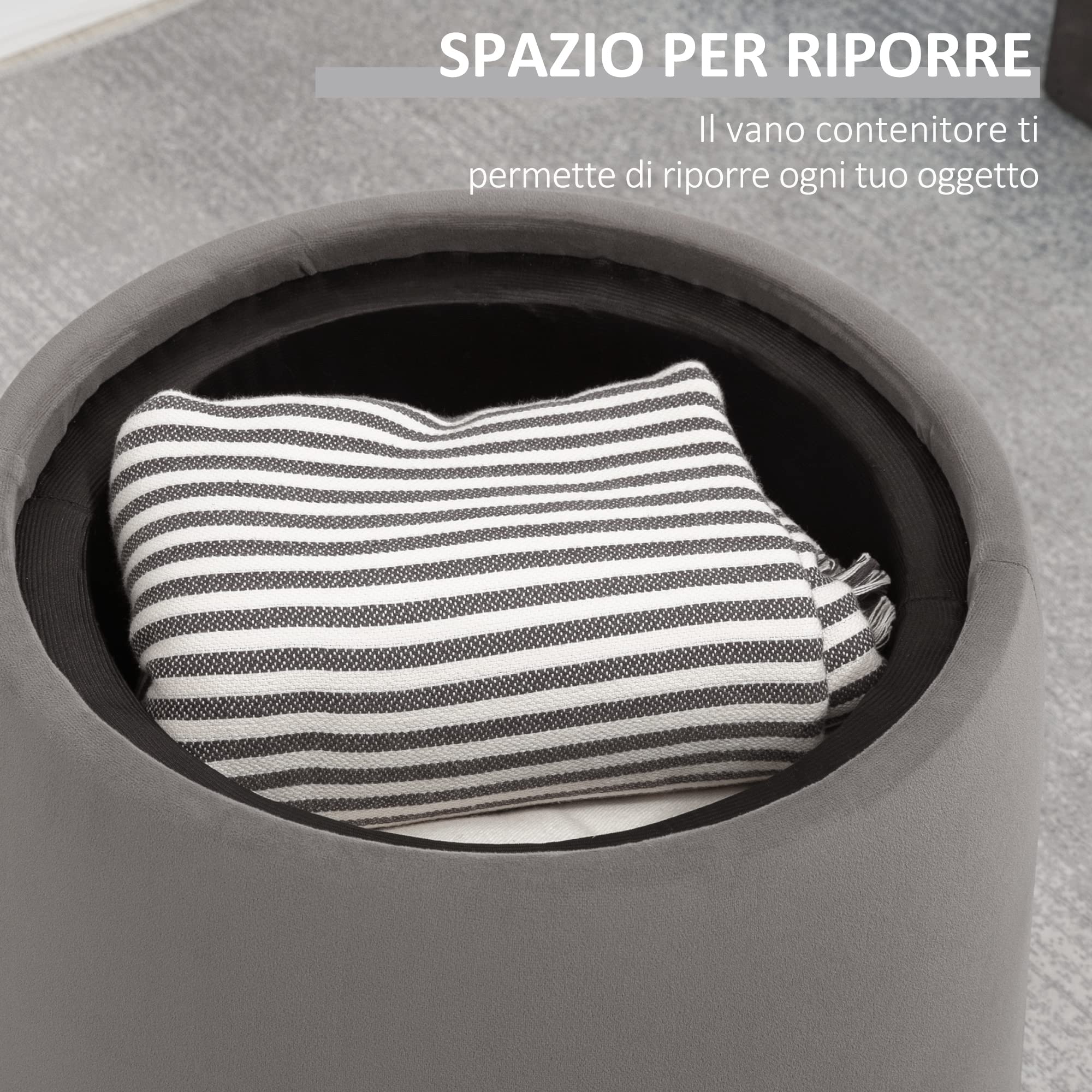 HOMCOM Pouf Poggiapiedi in Velluto con Contenitore, Coperchio 2 in 1 con Imbottitura e Lato in Legno, Tavolino da Caffè Rotondo Ø44 x 47.5cm, Grigio