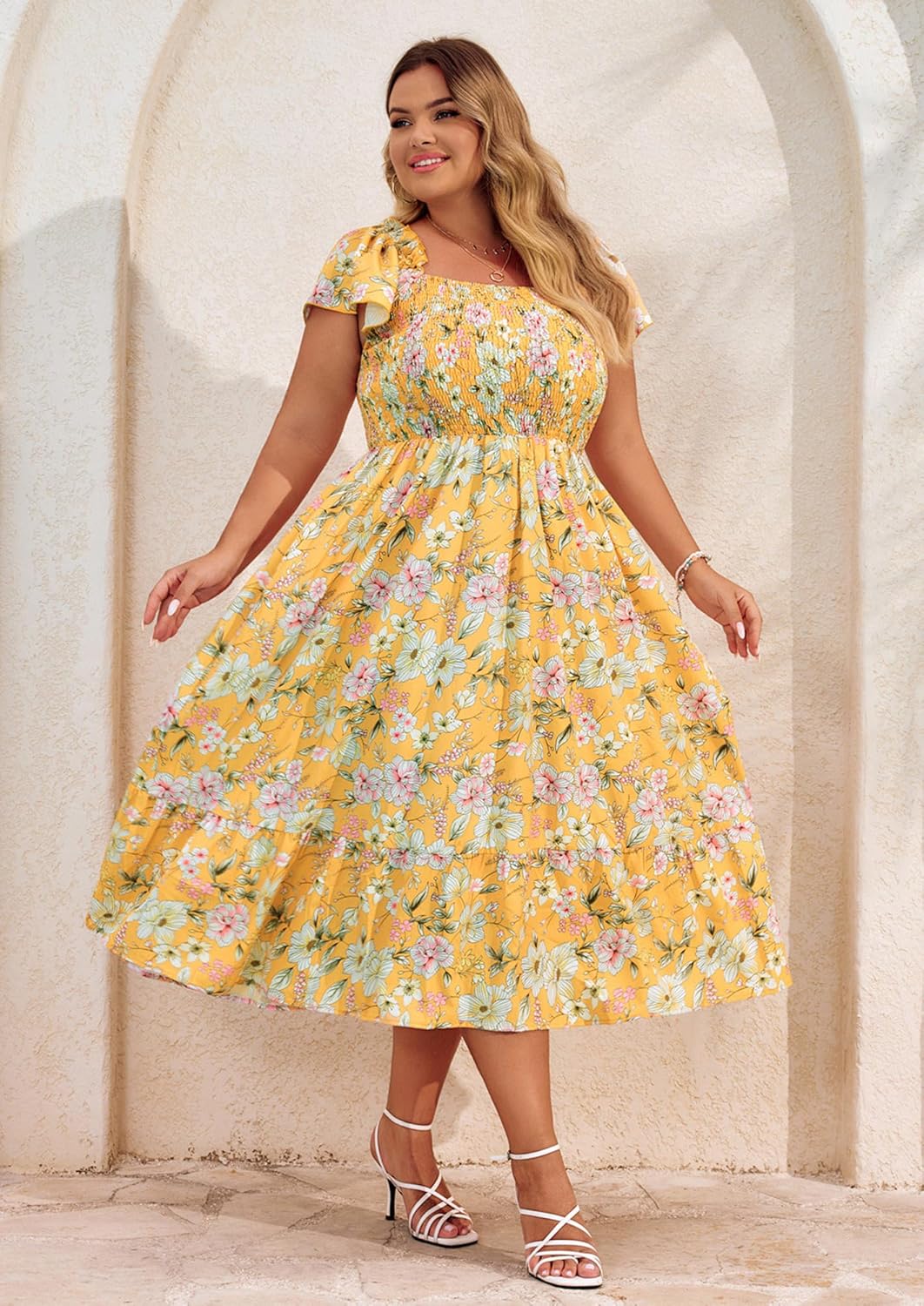 Hanna Nikole Women's Plus Size Summer Maxi Dress Short Sleeve Smocked Square Neck Casual Floral Flowy Dresses with Pockets - Image 3