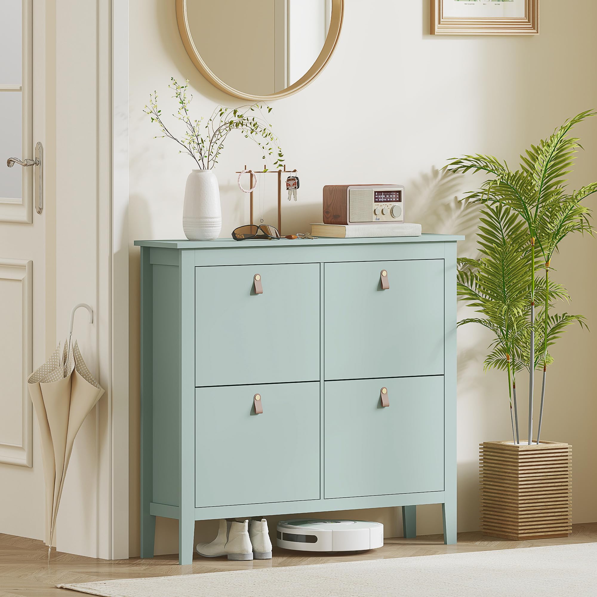 HOMCOM Scarpiera Salvaspazio Slim con 4 Ante a Ribalta, Scarpiera Ingresso con Ripiani Regolabili, Piano Superiore e Base Rialzata, Porta Scarpe per 20 Paia in Legno con Maniglia, 105x24x95.5cm, Verde