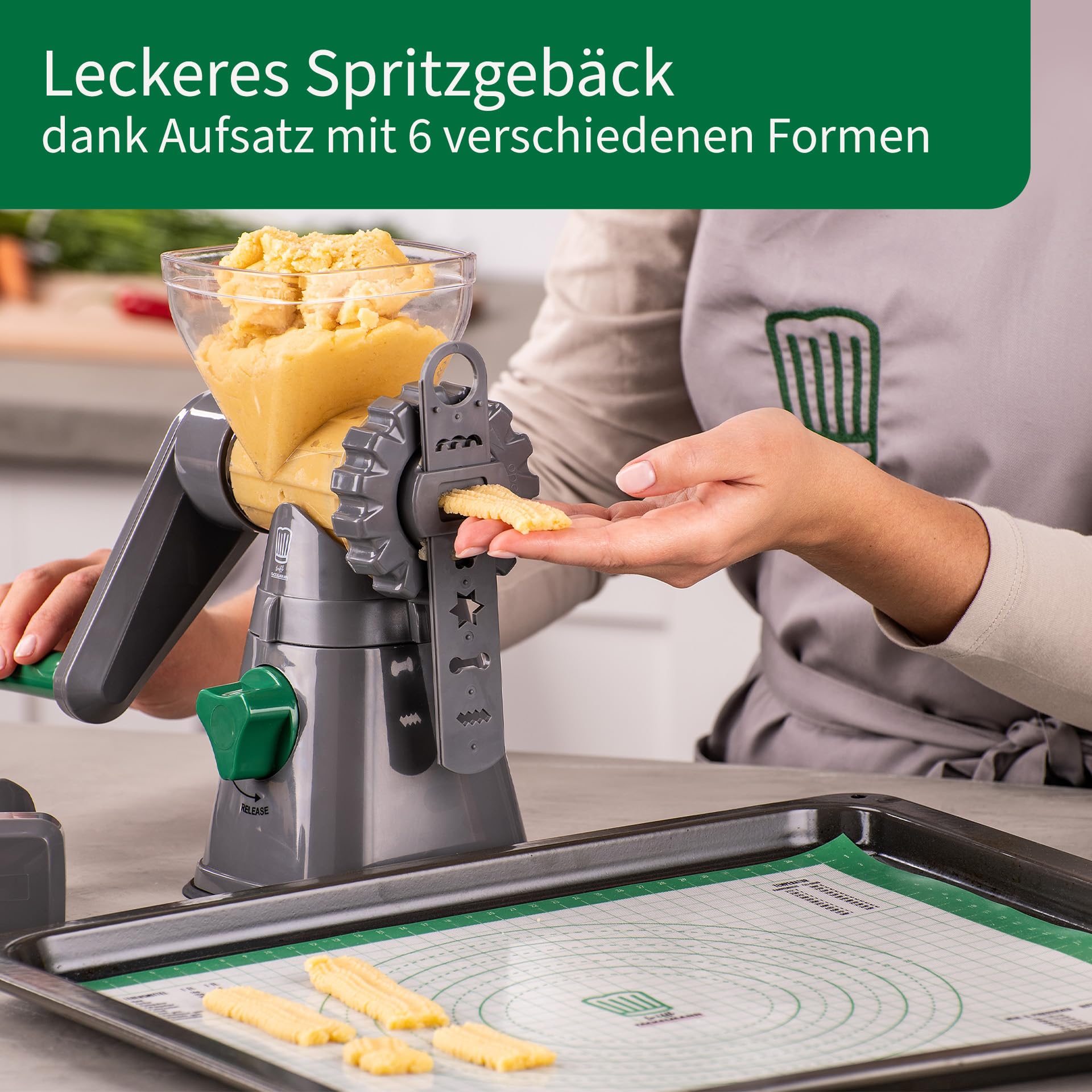 FACKELMANN Chefkoch Fleischwolf mit Gebäckvorsatz – Drehwolf für Fleisch oder als Gebäckpresse zum Backen – 2 Lochscheiben (feines & grobes Hack) & 6 Formen für Spritzgebäck